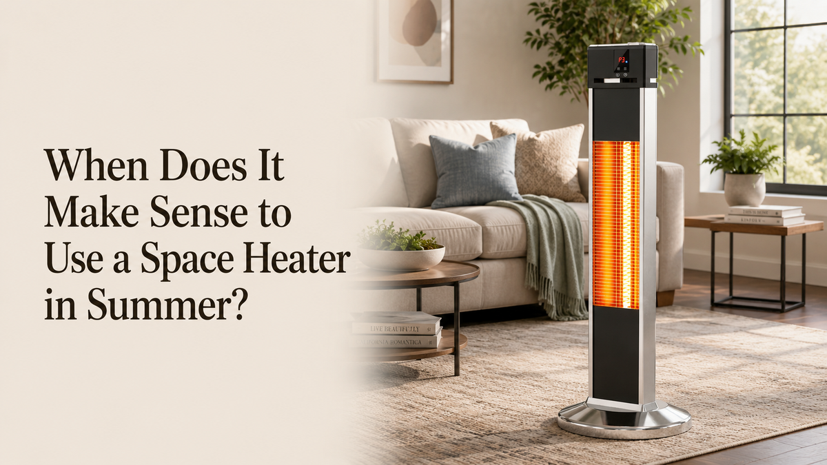 Modern tower electric space heater in a cozy living room setting