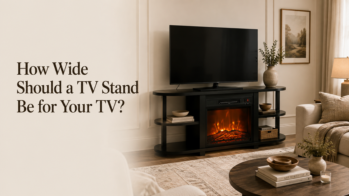 Black TV stand with an integrated electric fireplace in a modern living room.