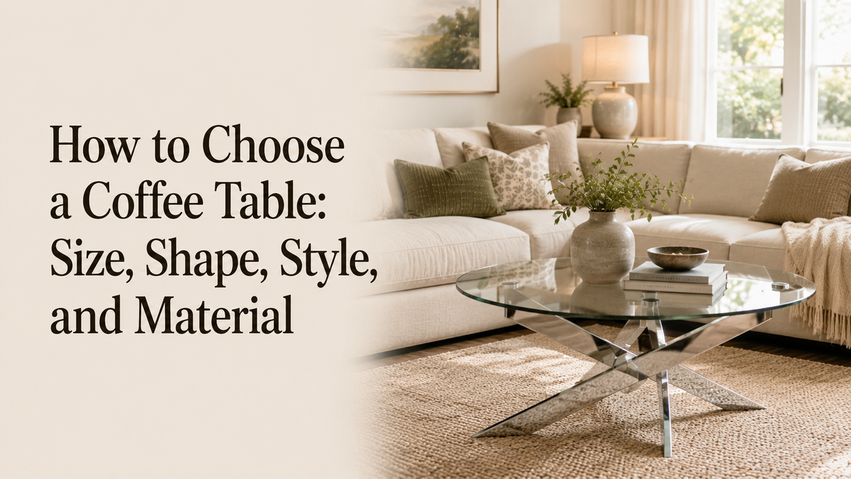 Modern round glass coffee table with chrome X-base in a bright living room with a white sofa.