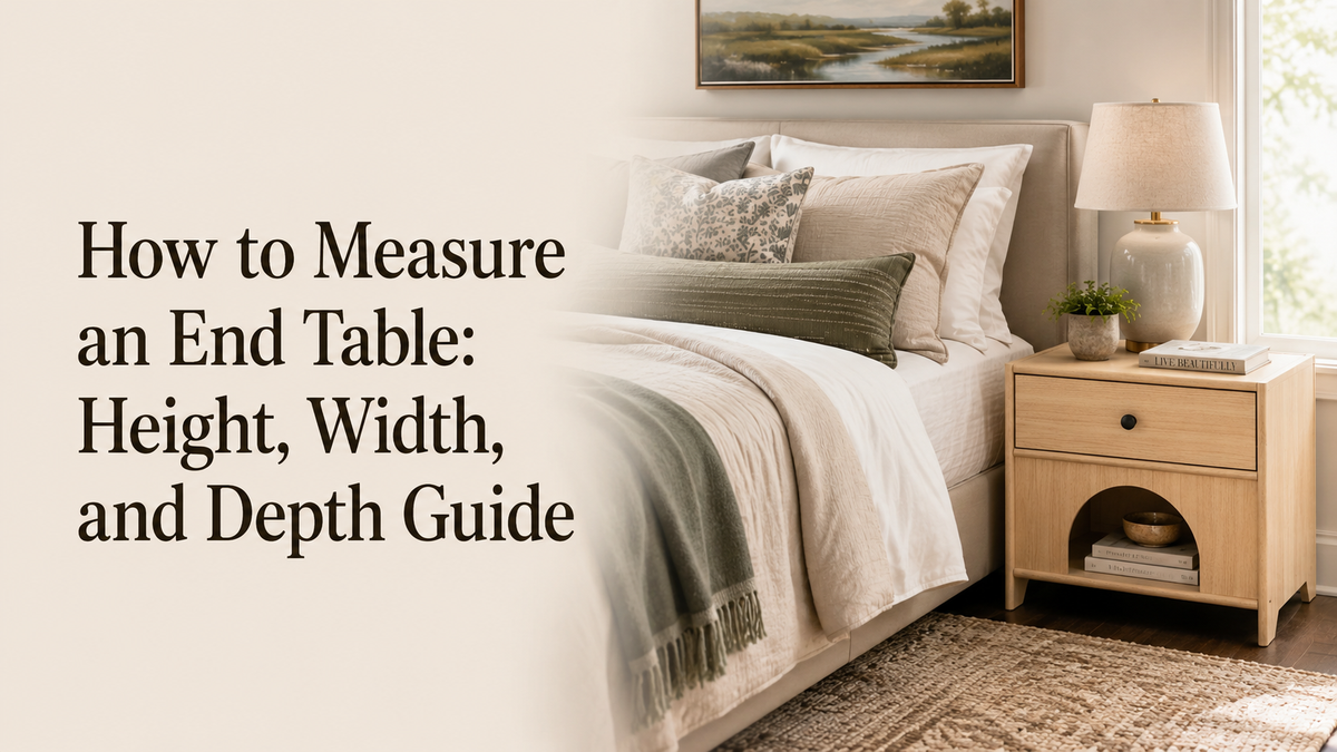 Light wood end table with a drawer and open shelf next to a neutral-toned bed