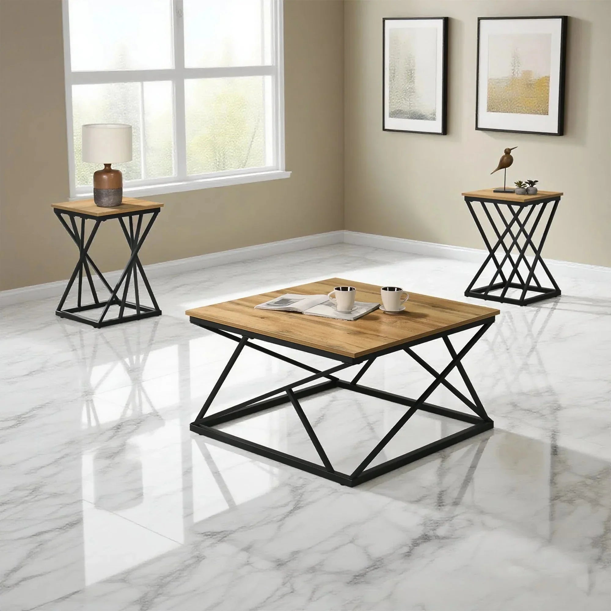 Borup Rustic 3-Piece Coffee Table Set with Decorative Wrought Metal Side