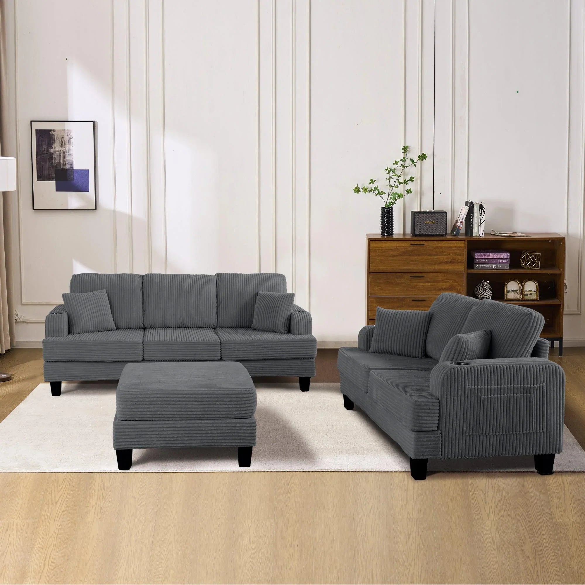 Dark Gray 3-Piece Sofa Set with Storage Ottoman & USB Charging