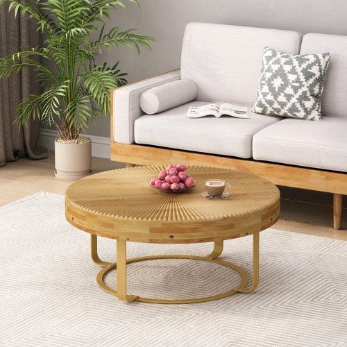 31.5in Modern Round Carved Wood Coffee Table, Metal Legs, Gold Finish
