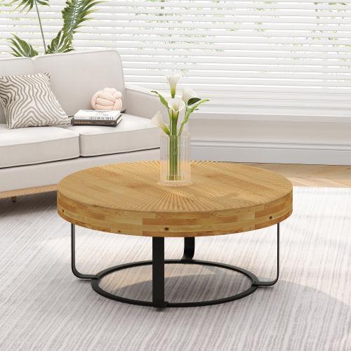 31.5" Modern Round Carved Wood Coffee Table, Metal Legs, Gold - Vanub