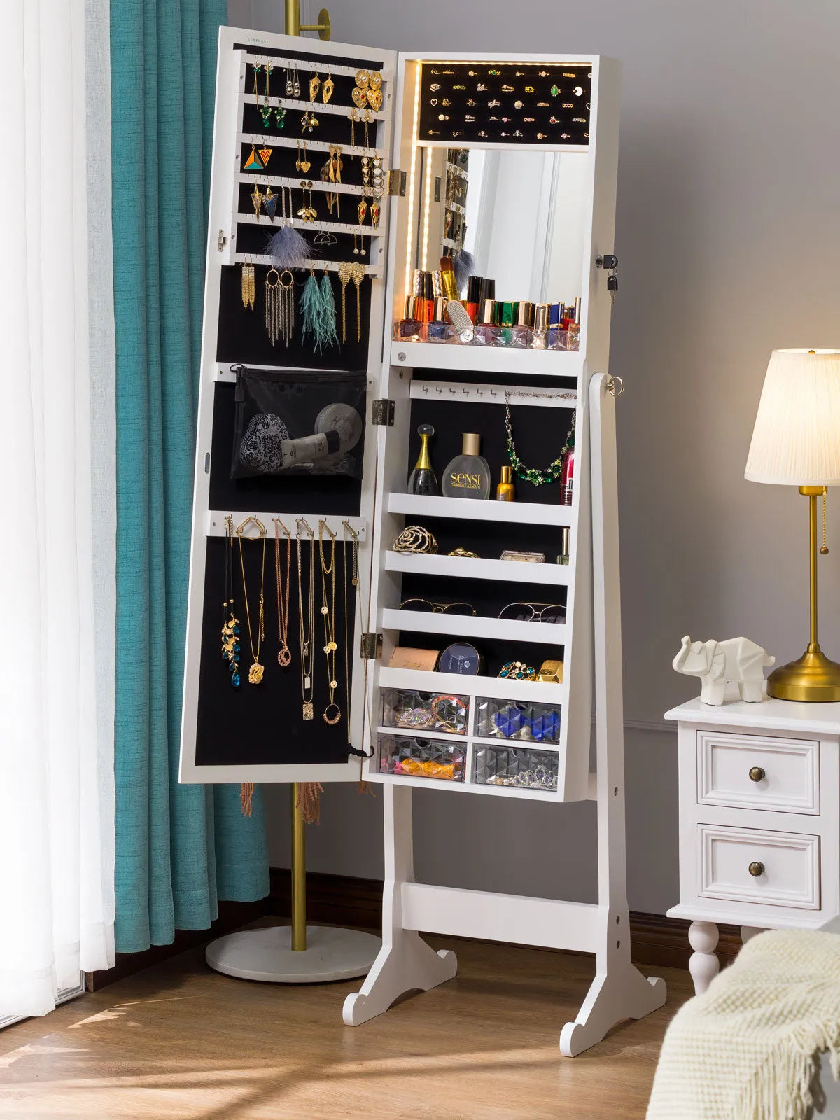 Standing Stella 6s Jewelry Armoire Full Length Mirror With Built-in Lights - White