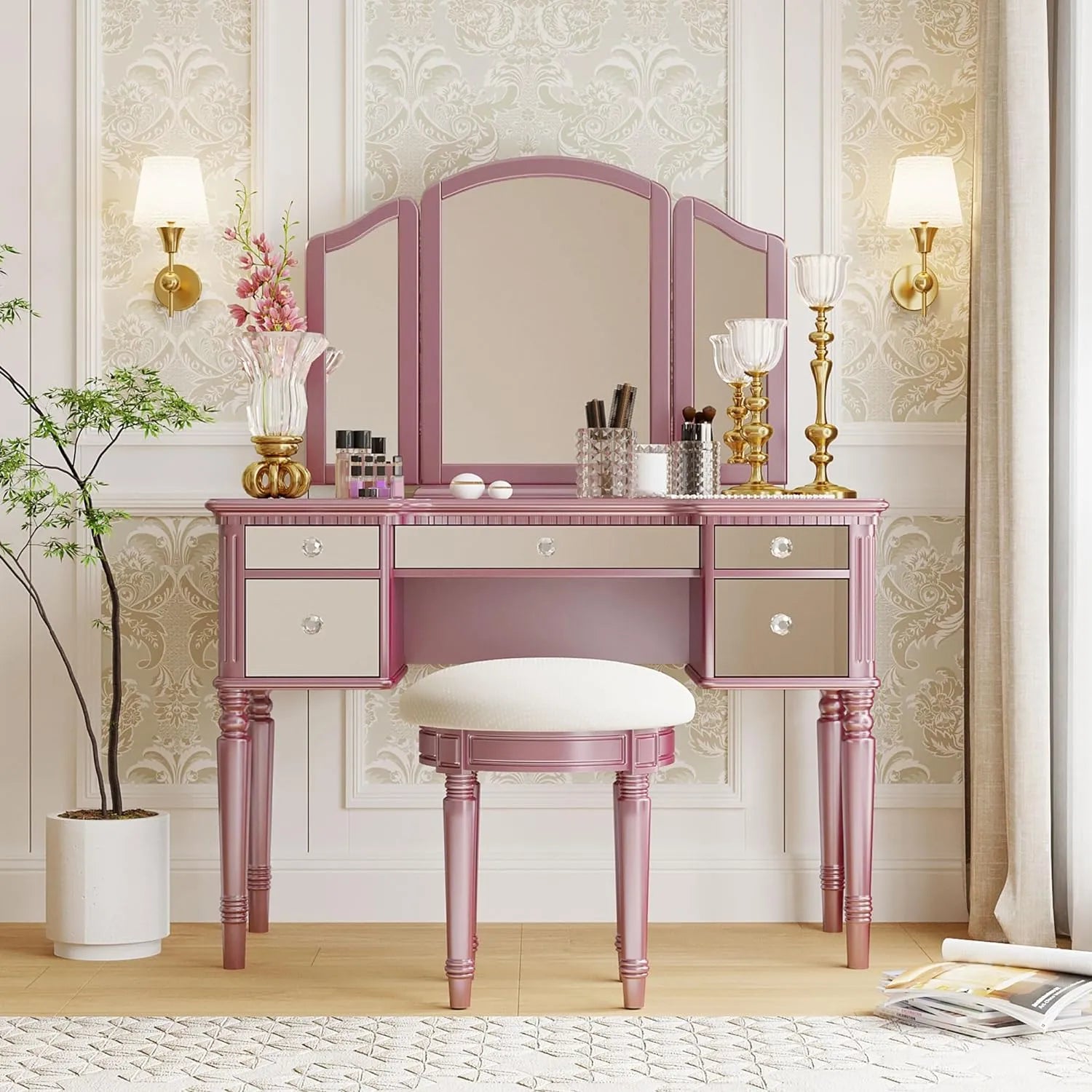 Brafab 43" Luxury Vanity Desk Dressing Table Set with Mirrored Drawers and Stool, Tri-fold Mirror, Makeup Vanity Set for Bedroom, Rose Gold