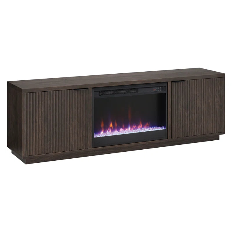 Brown 70'' rectangular TV stand with a 26'' crystal fireplace, suitable for TVs up to 78 inches