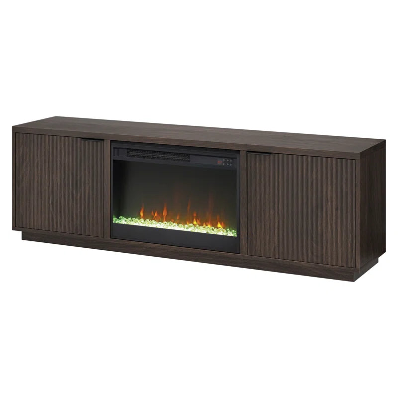 Brown 70'' rectangular TV stand with a 26'' crystal fireplace, suitable for TVs up to 78 inches