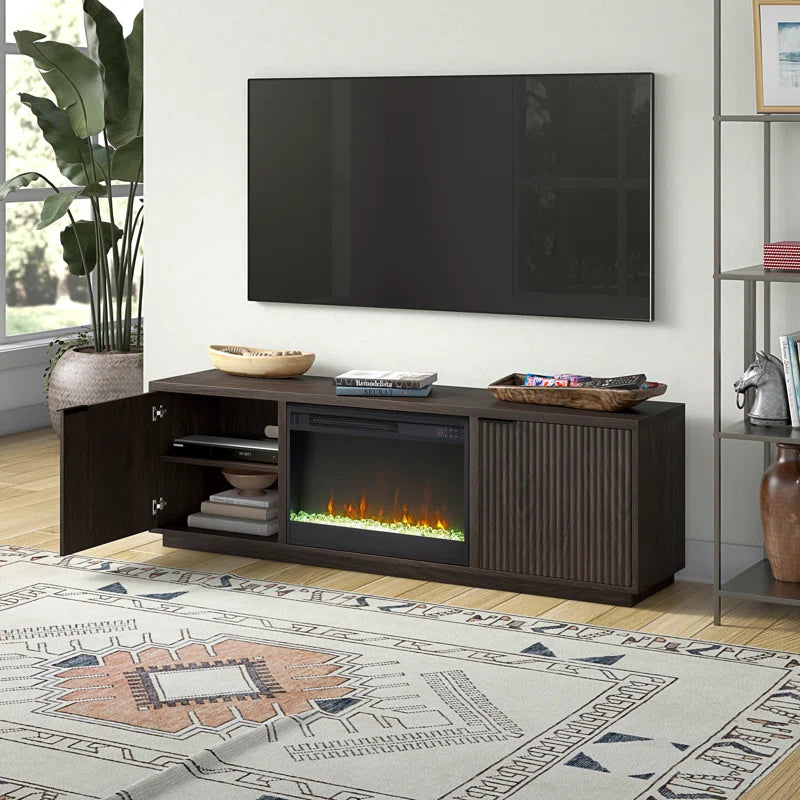 Brown 70'' rectangular TV stand with a 26'' crystal fireplace, suitable for TVs up to 78 inches