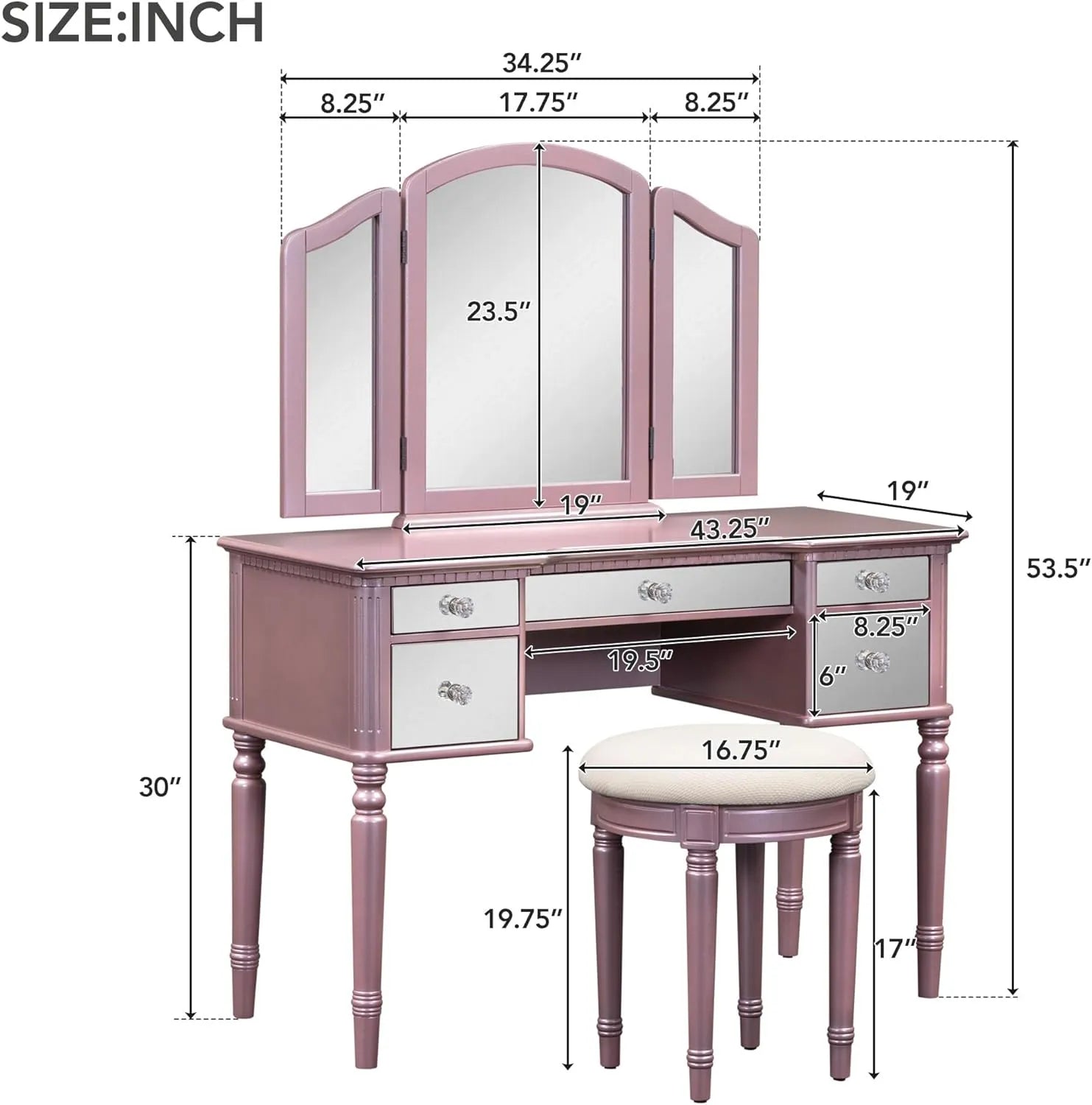 Brafab 43" Luxury Vanity Desk Dressing Table Set with Mirrored Drawers and Stool, Tri-fold Mirror, Makeup Vanity Set for Bedroom, Rose Gold