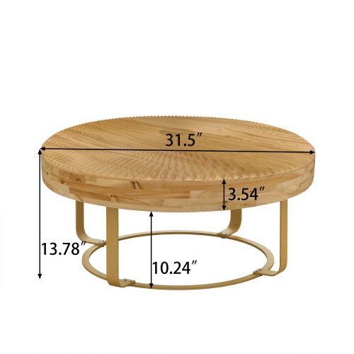 31.5in Modern Round Carved Wood Coffee Table, Metal Legs, Gold Finish