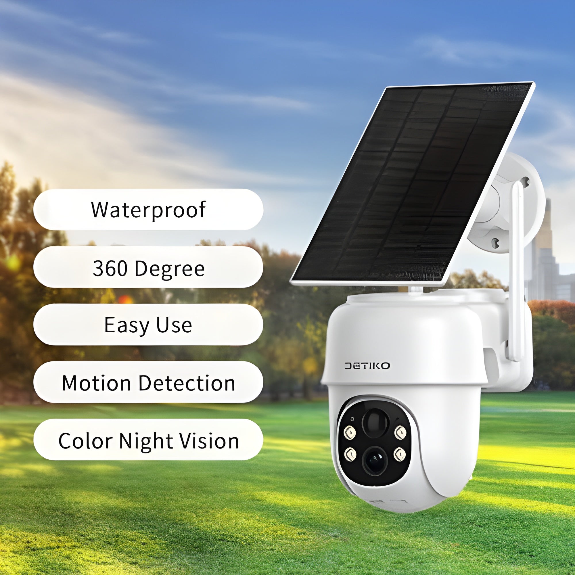 365-Day Solar Outdoor Security Camera | 360° Pan, 2K Night Vision, IP66 Waterproof, Alexa Enabled