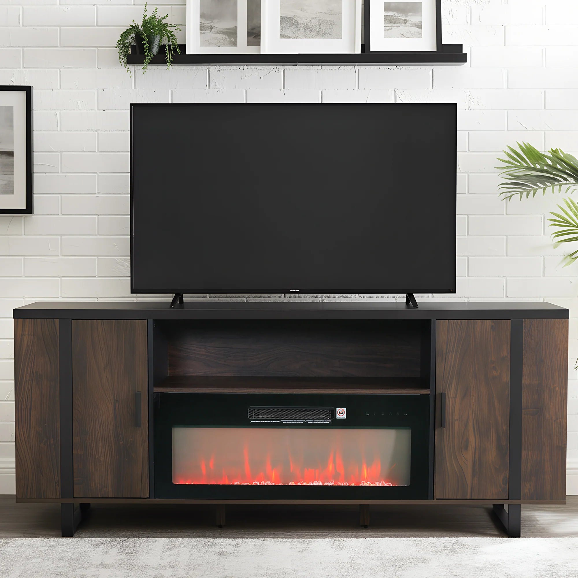 Vanub 72" Both Sides Open Shelves TV Stand with 36 Inch Electric Fireplace for Living Room - Vanub