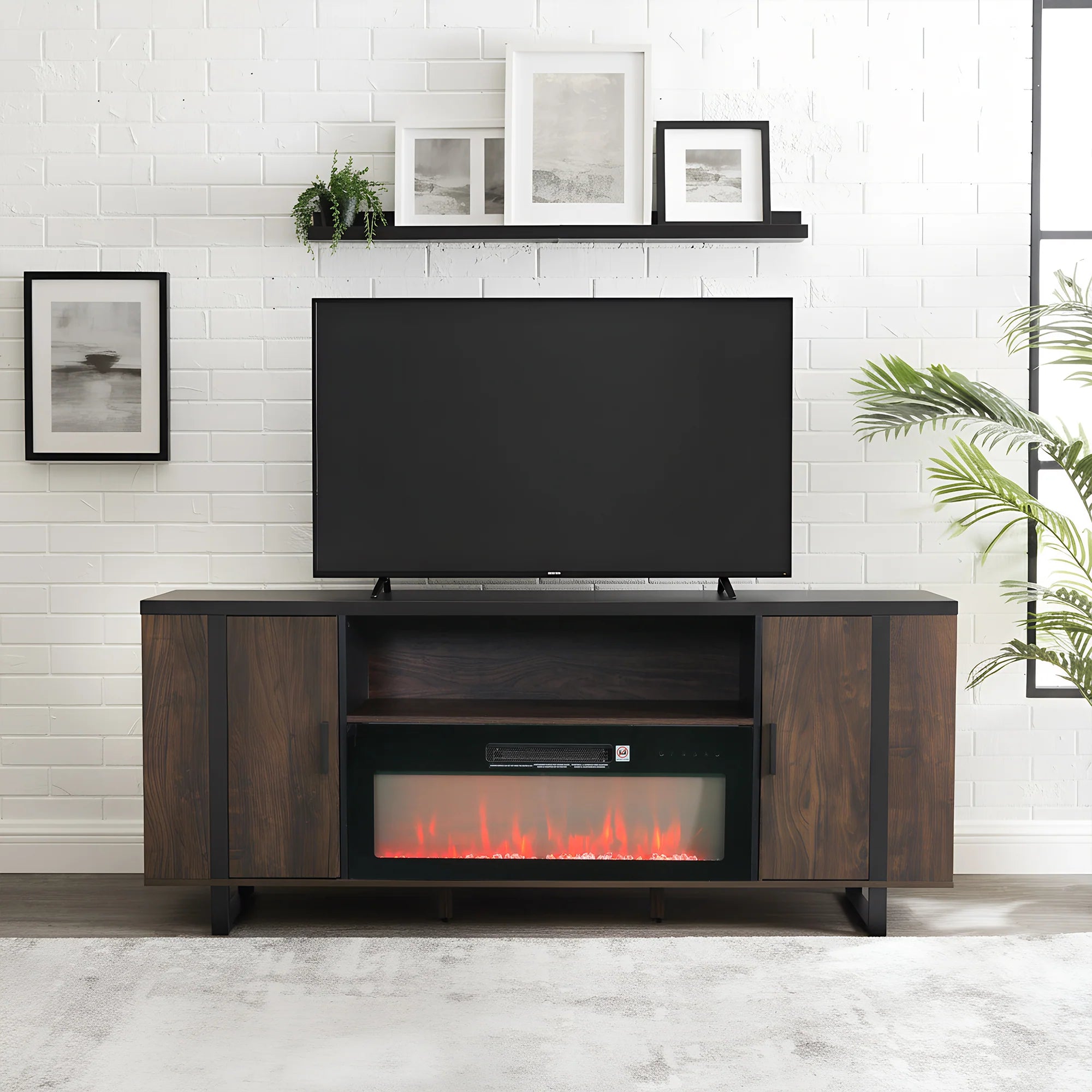 Vanub 72" Both Sides Open Shelves TV Stand with 36 Inch Electric Fireplace for Living Room - Vanub