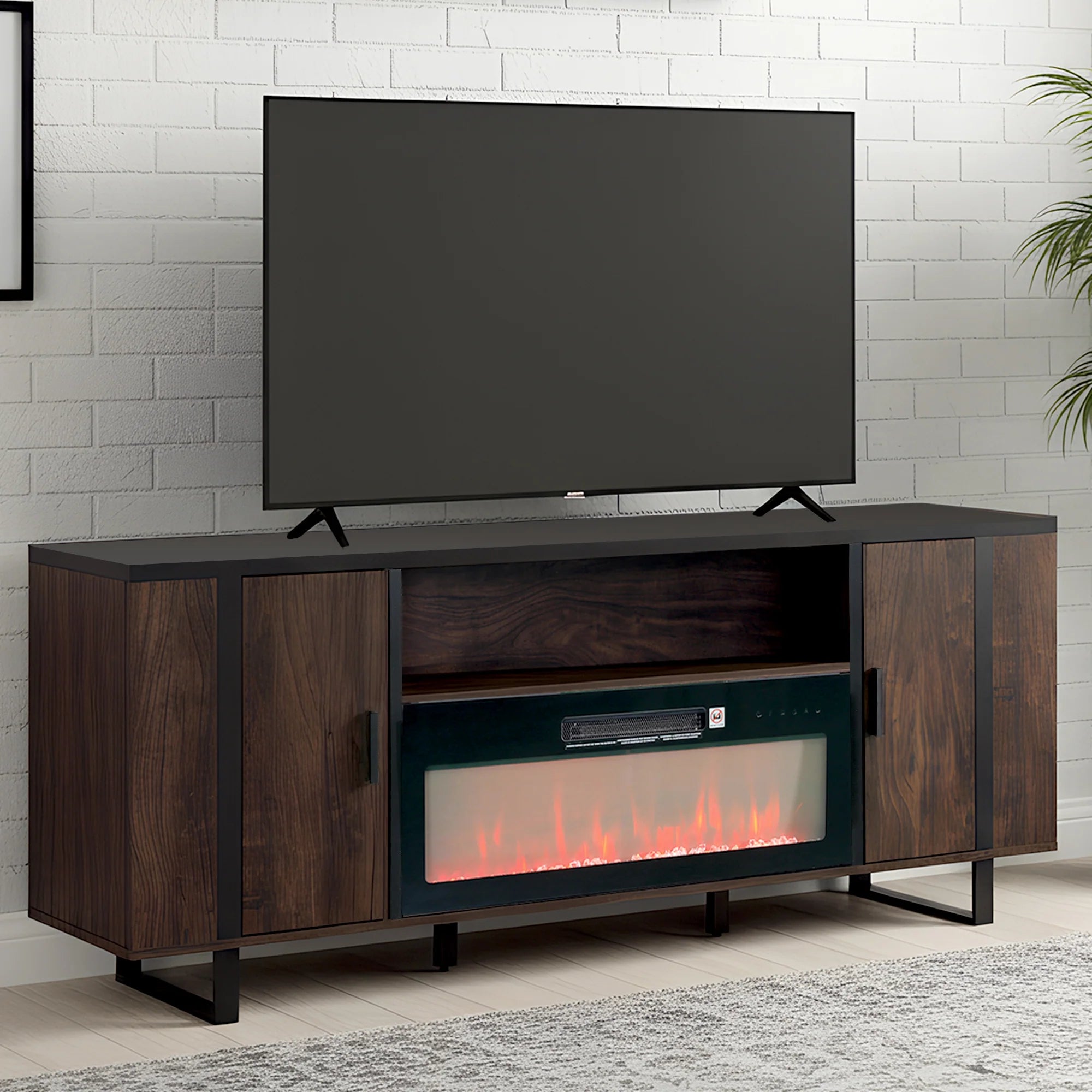 Vanub 72" Both Sides Open Shelves TV Stand with 36 Inch Electric Fireplace for Living Room - Vanub