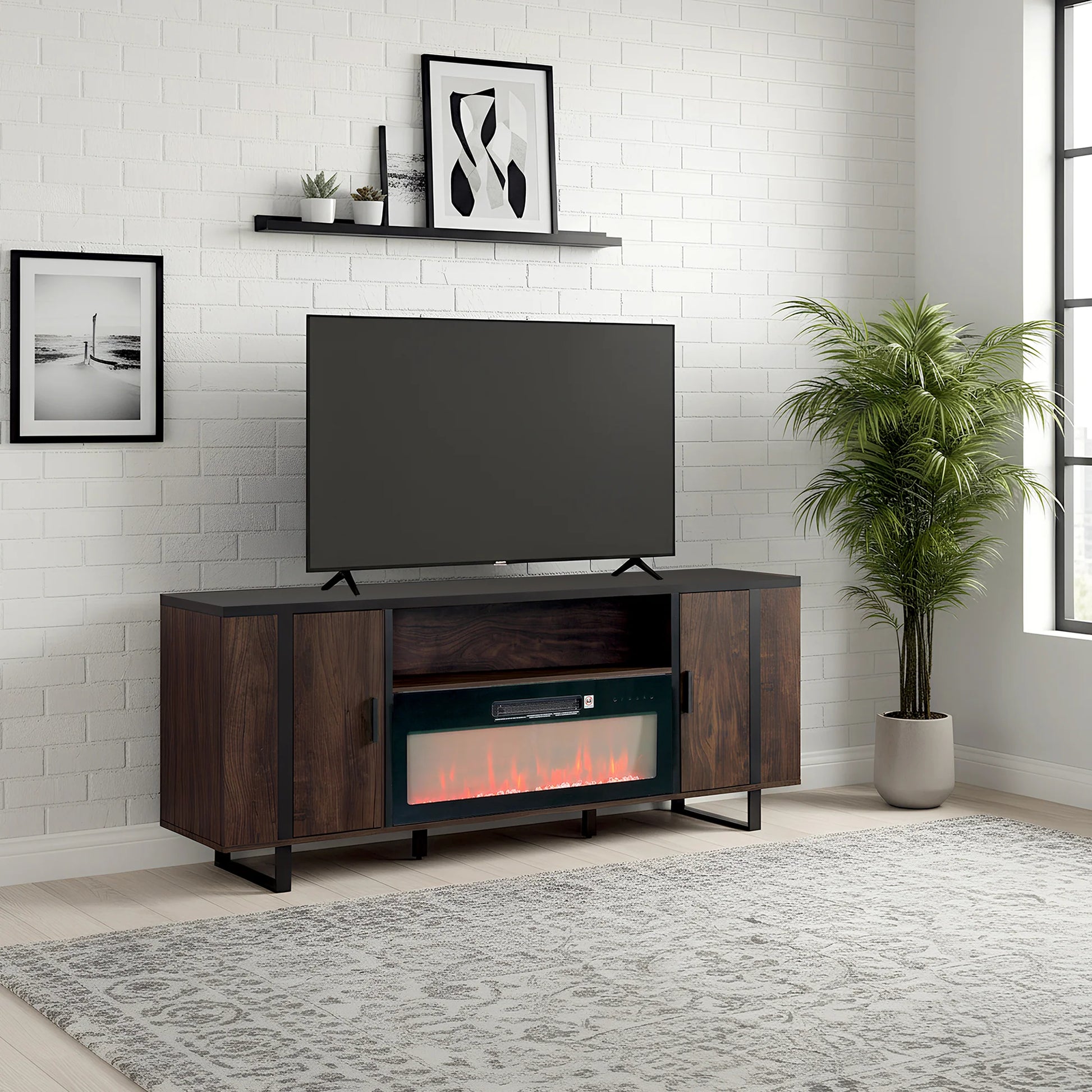 Vanub 72" Both Sides Open Shelves TV Stand with 36 Inch Electric Fireplace for Living Room - Vanub