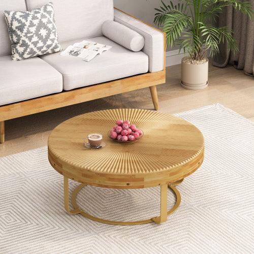 31.5in Modern Round Carved Wood Coffee Table, Metal Legs, Gold Finish