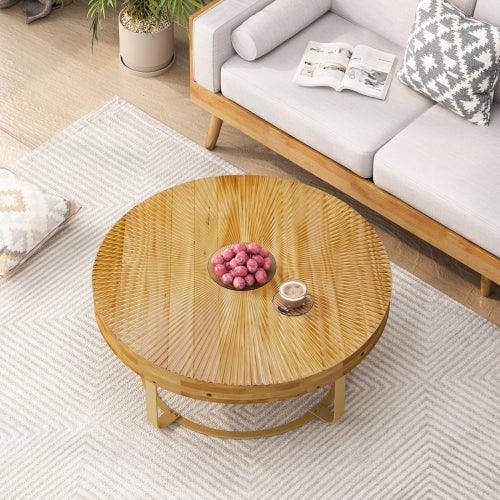 31.5in Modern Round Carved Wood Coffee Table, Metal Legs, Gold Finish