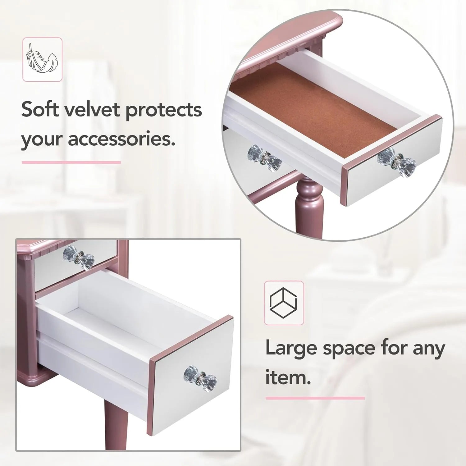 Brafab 43" Luxury Vanity Desk Dressing Table Set with Mirrored Drawers and Stool, Tri-fold Mirror, Makeup Vanity Set for Bedroom, Rose Gold