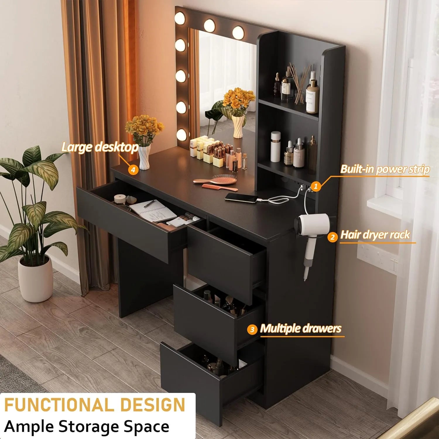 Vabches Makeup Vanity with Lights, 37inch Vanity Desk with Power Strip, 4 Drawers Makeup Table with Lighted Mirror, 3 Lighting Colors, White