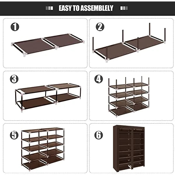 ERONE Shoe Rack Storage Organizer , 28 Pairs Portable Double Row with Nonwoven Fabric Cover Shoe Rack Cabinet for Closet (Black)