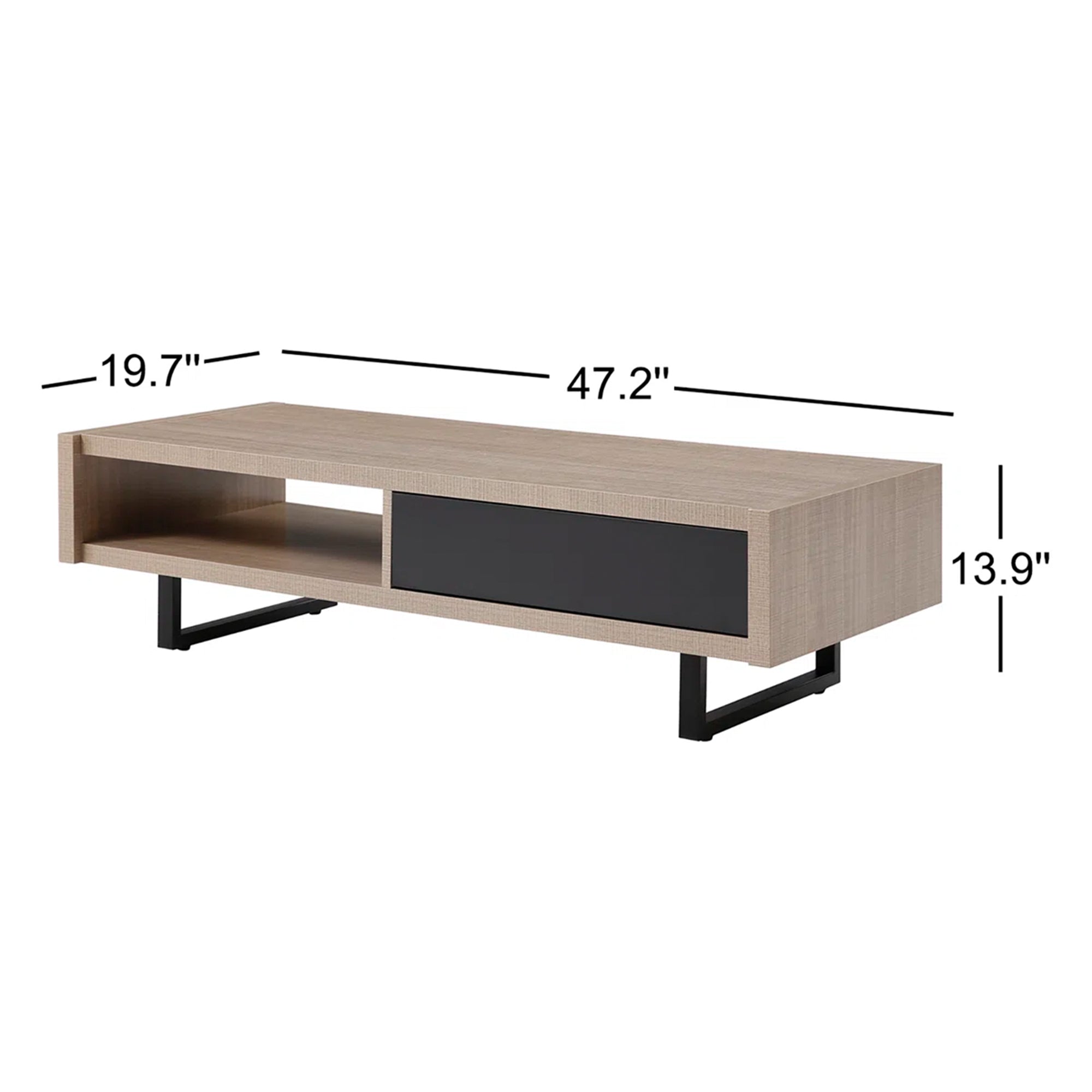 Ash 47in Pine Wood Coffee Table, All Metal Legs