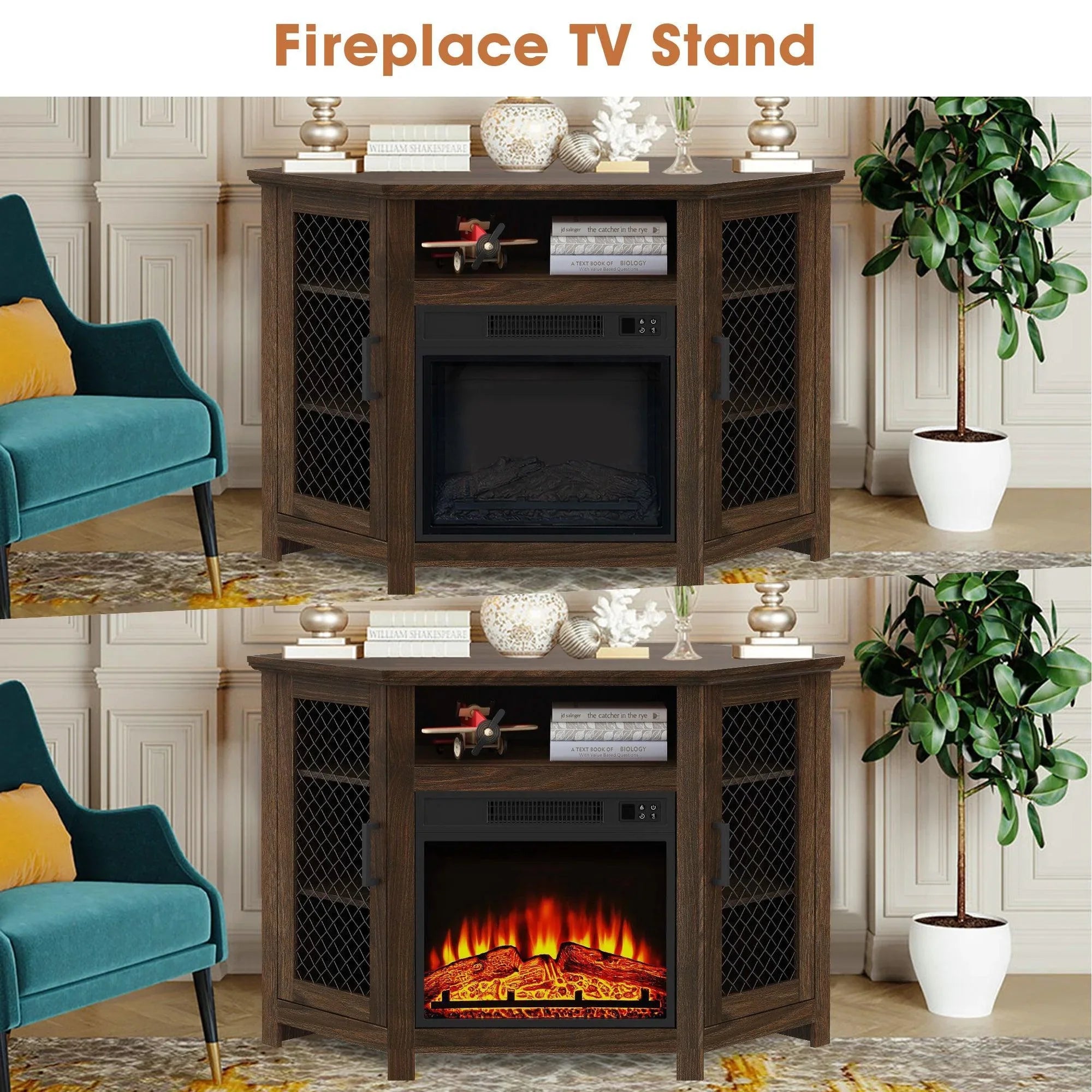 45" Corner Electric Fireplace TV Stands Console Table with 2 Metal Mesh Doors