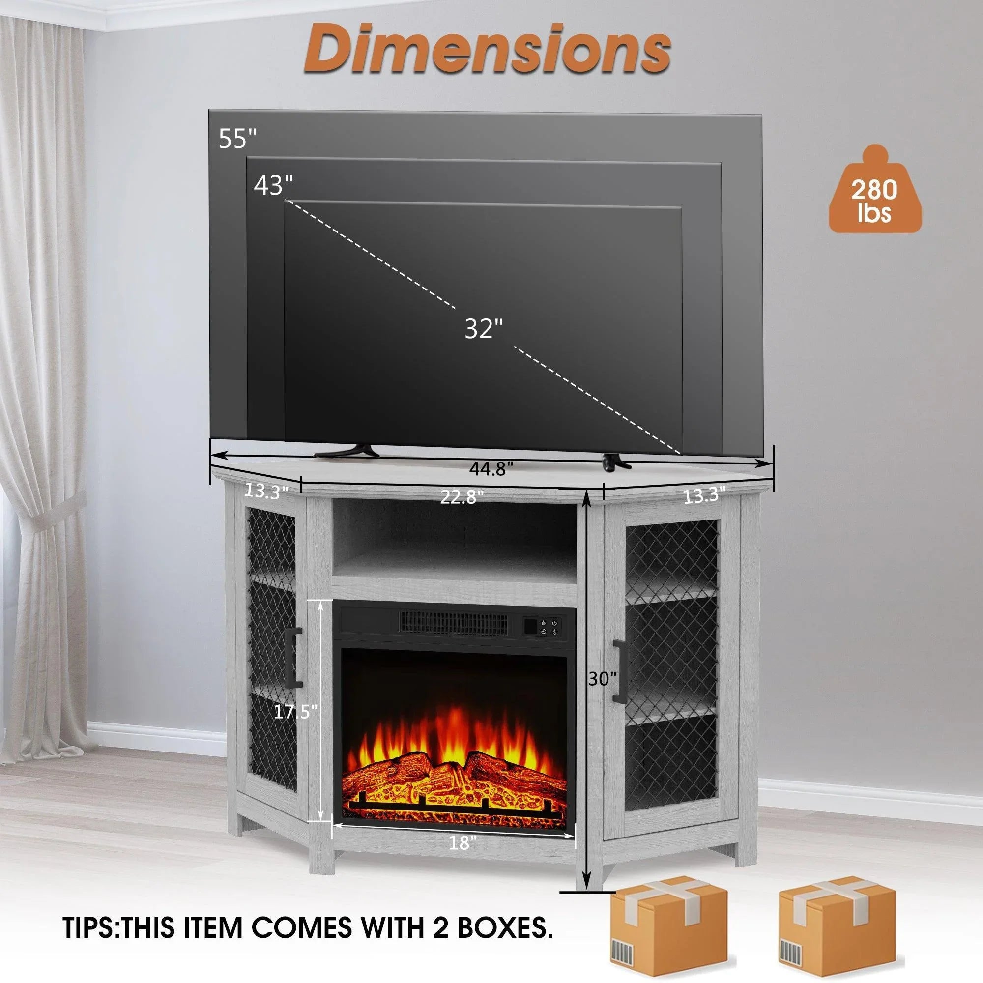 45" Corner Electric Fireplace TV Stands Console Table with 2 Metal Mesh Doors