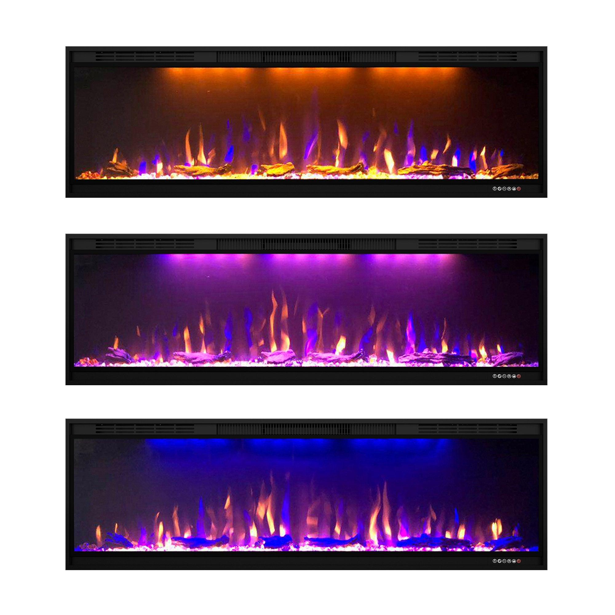 Black Wall-Mount Electric Fireplace Timer 3-Color Flame with LED Light, Smart APP Control