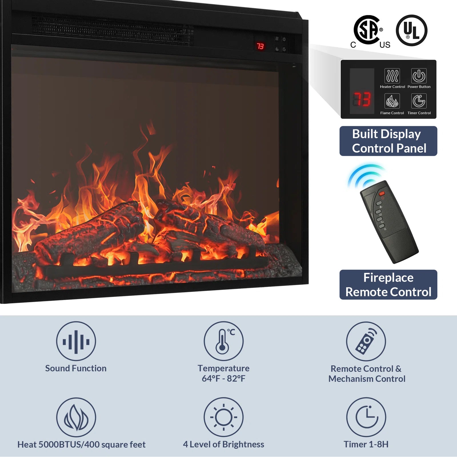 68" TV stand featuring a 23" electric fireplace,TV Stand for TVs up to 78"