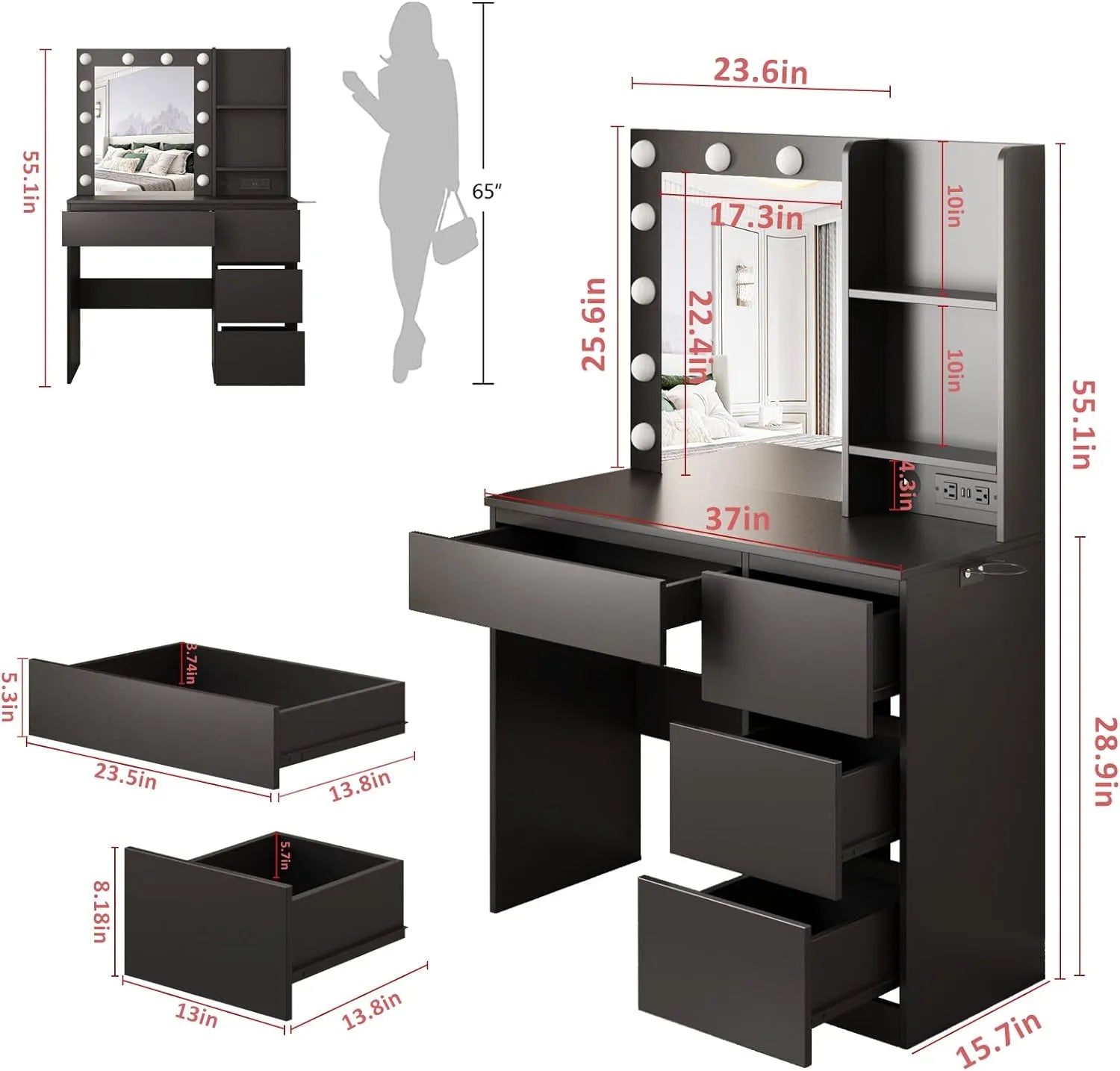 Vabches Makeup Vanity with Lights, 37inch Vanity Desk with Power Strip, 4 Drawers Makeup Table with Lighted Mirror, 3 Lighting Colors, White
