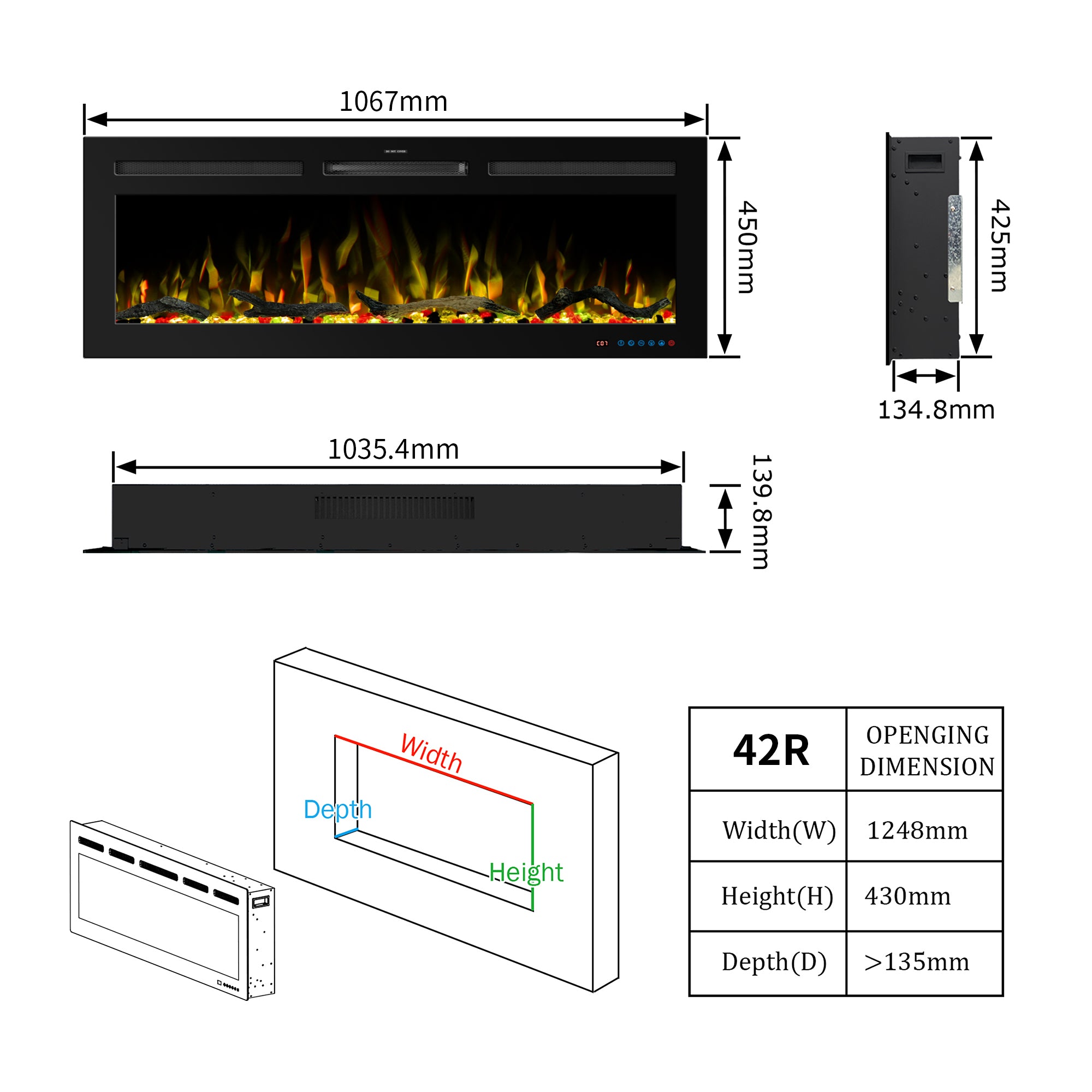 42" White LabelSmart Electric Fireplace with Inset & Wall-Mounted Installation - 13 Flame Colors, App/Remote/Voice Control (Alexa/Google Home)