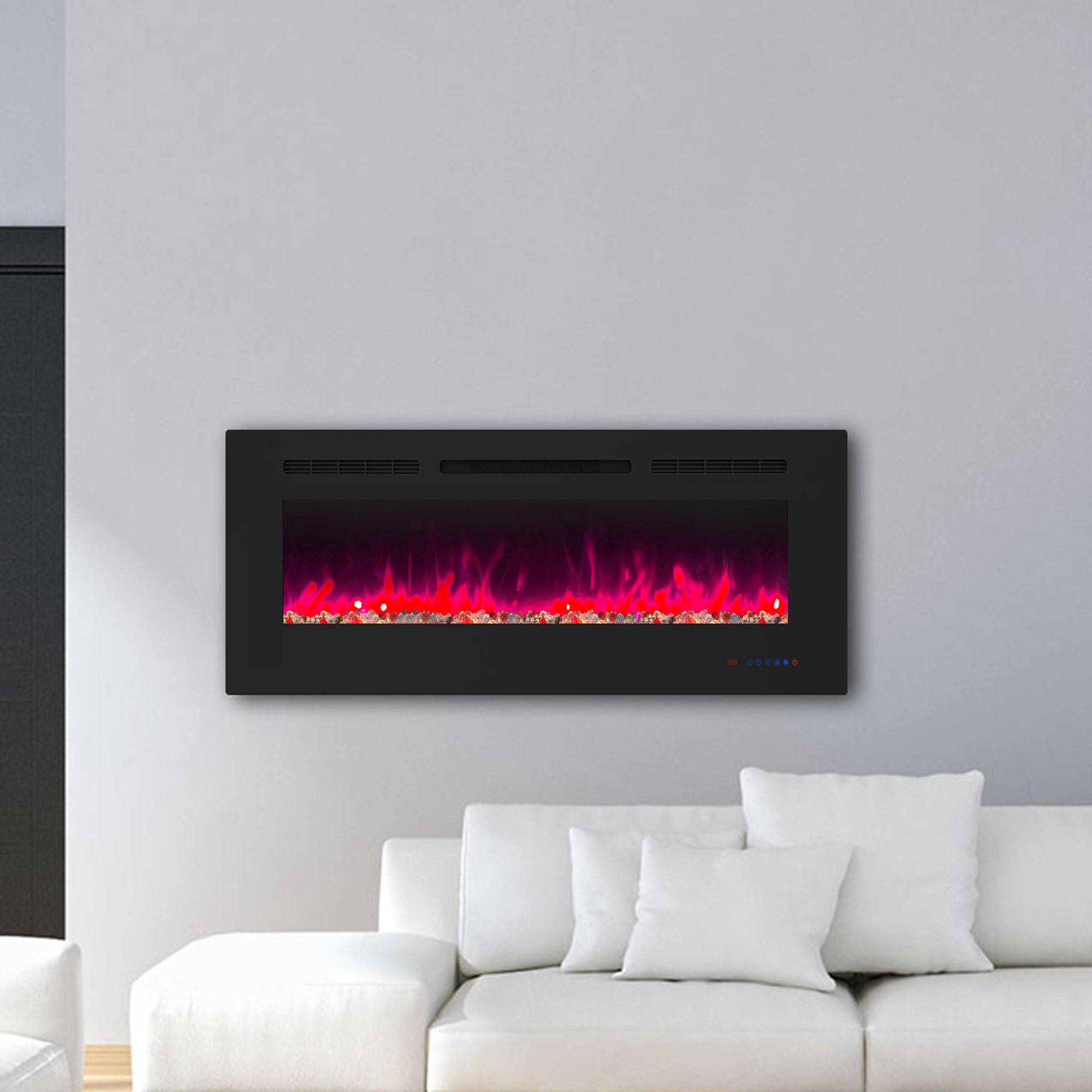 60" White Label electric fireplace supports recessed/wall mounting, with remote, touch screen, 13 flame colors, base lights