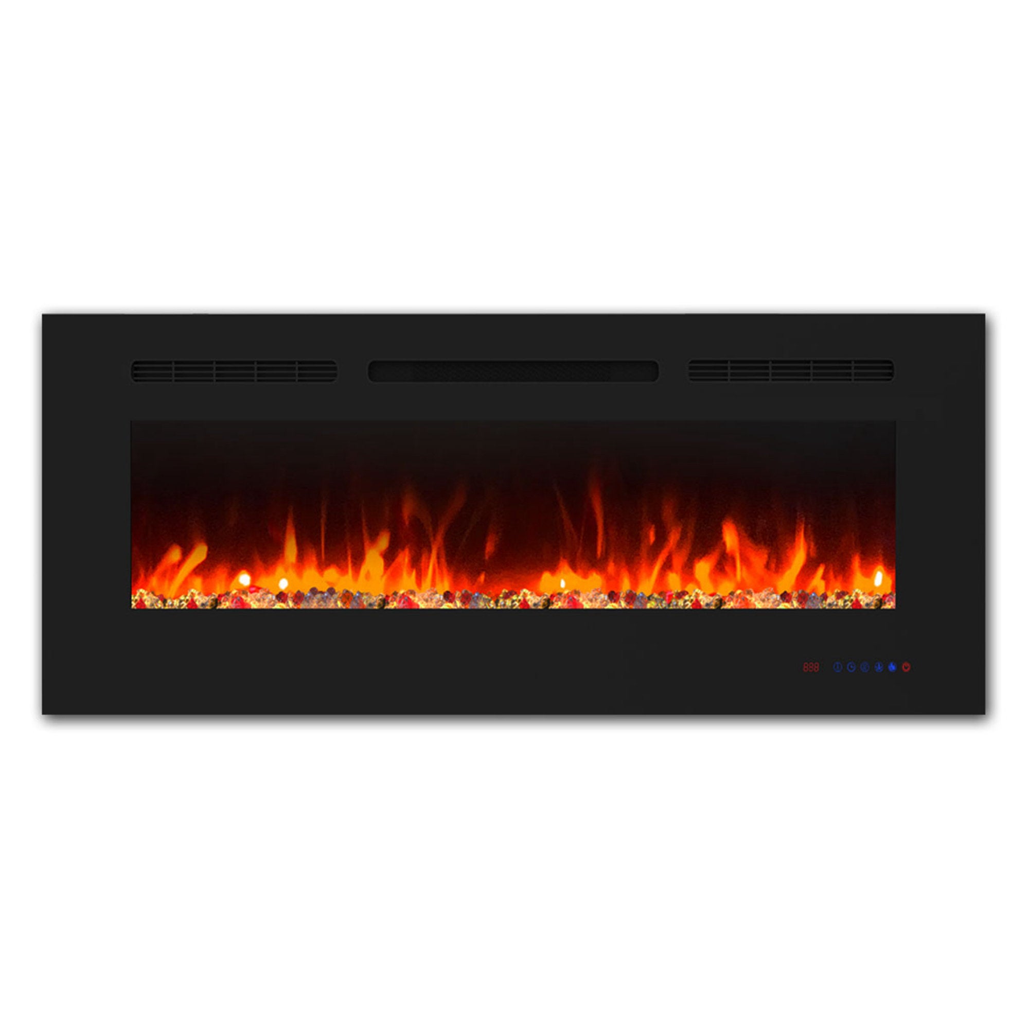 60" White Label electric fireplace supports recessed/wall mounting, with remote, touch screen, 13 flame colors, base lights