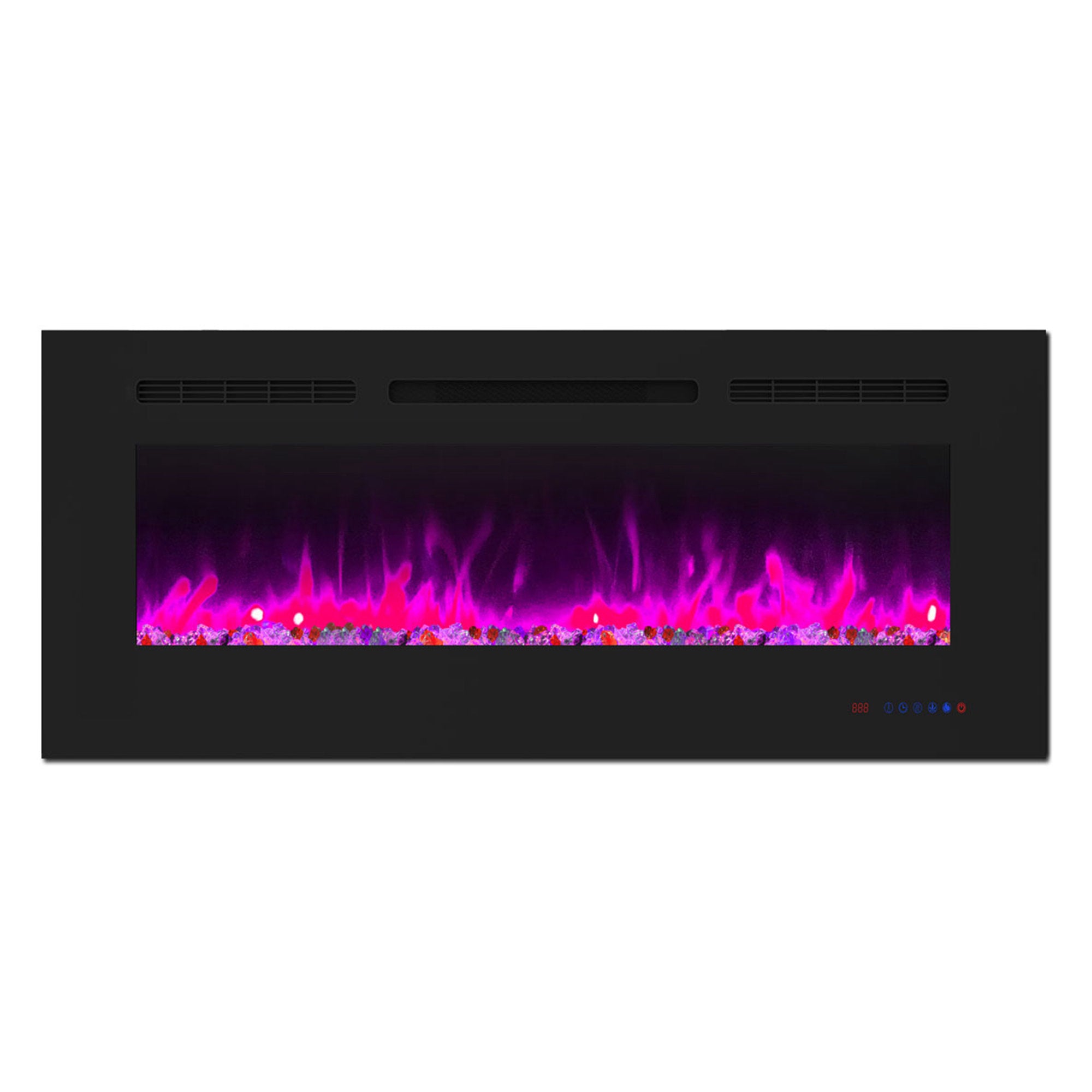 60" White Label electric fireplace supports recessed/wall mounting, with remote, touch screen, 13 flame colors, base lights