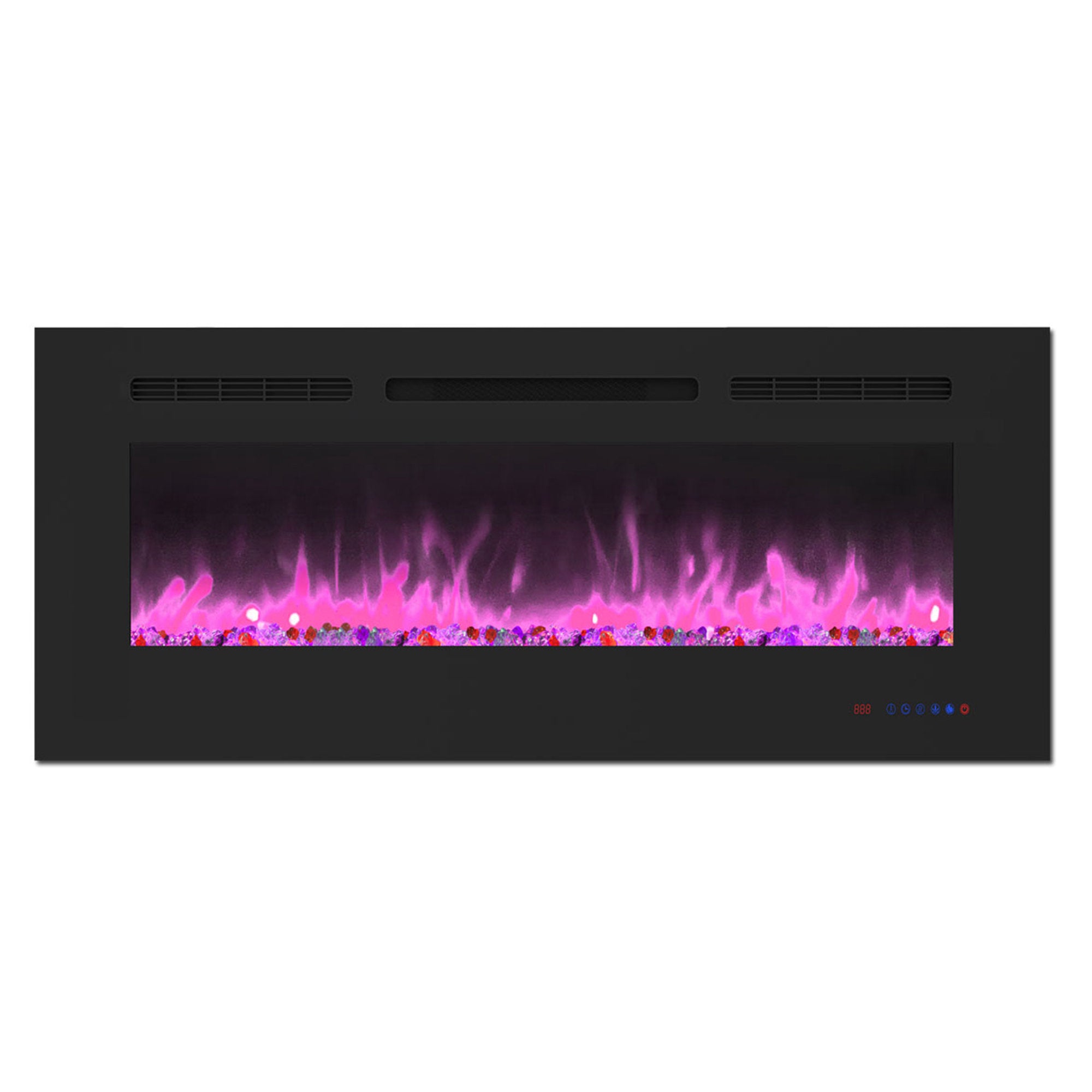 60" White Label electric fireplace supports recessed/wall mounting, with remote, touch screen, 13 flame colors, base lights