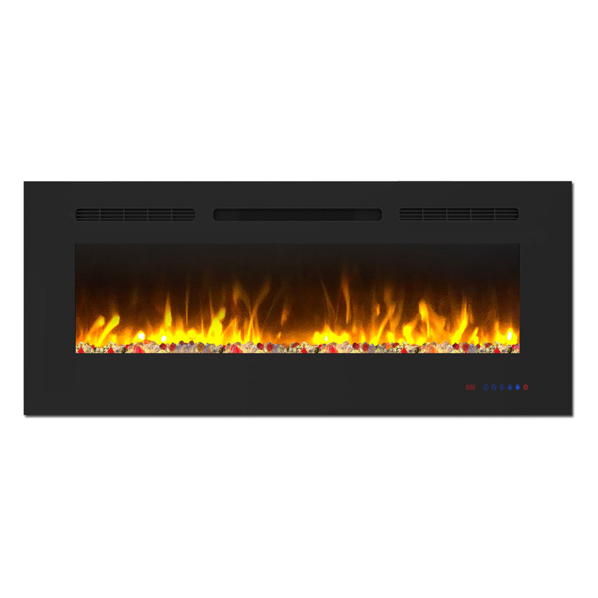 60" White Label electric fireplace supports recessed/wall mounting, with remote, touch screen, 13 flame colors, base lights