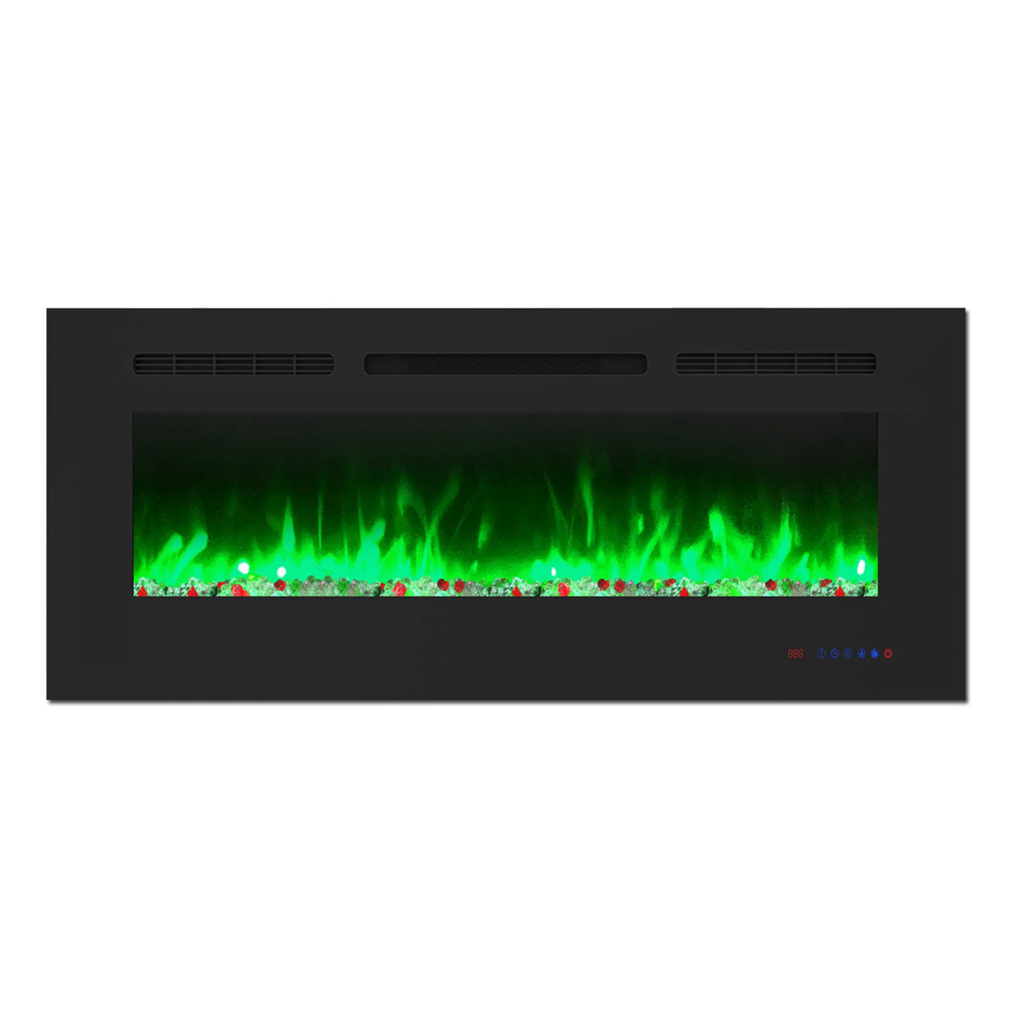 60" White Label electric fireplace supports recessed/wall mounting, with remote, touch screen, 13 flame colors, base lights