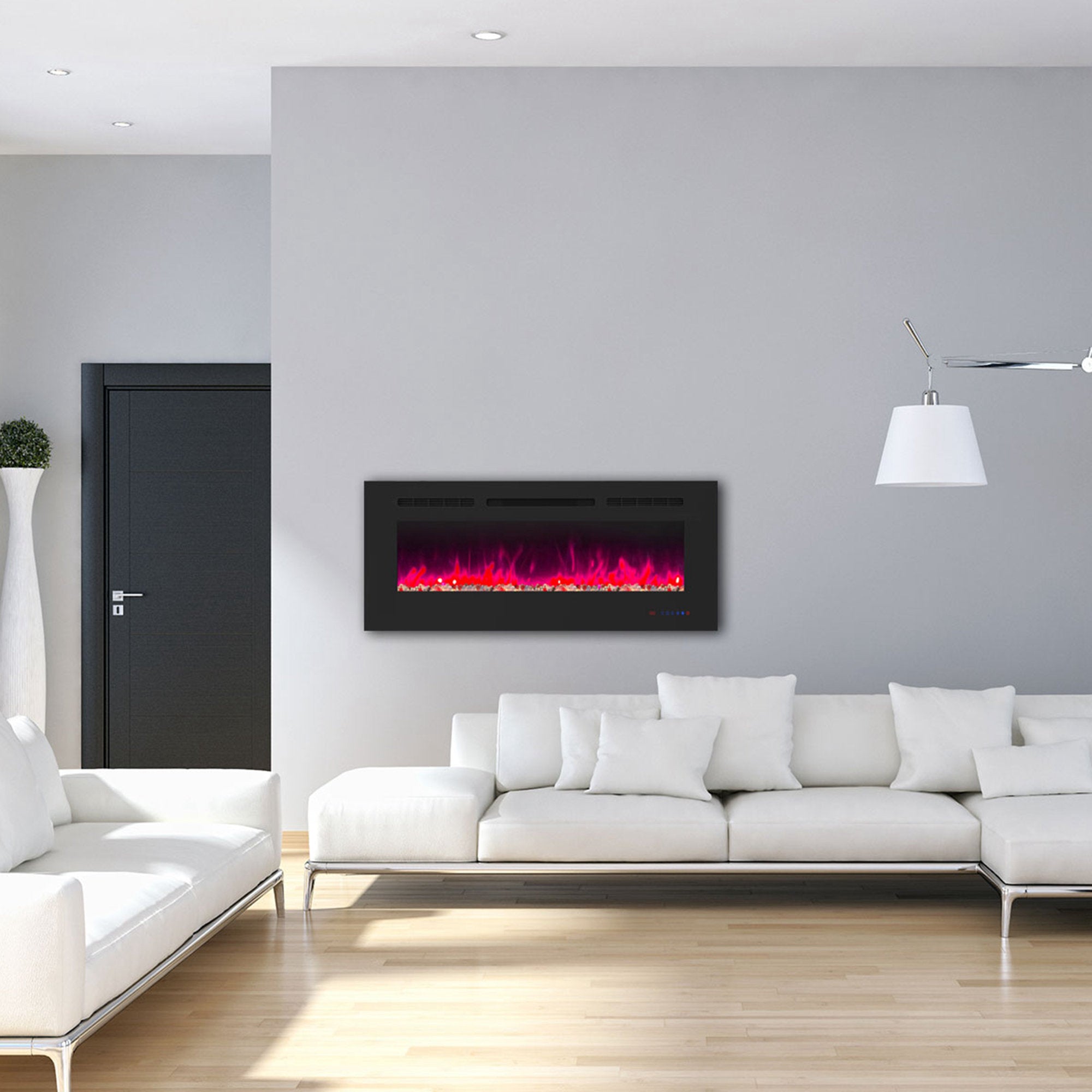 72" White Label electric fireplace supports recessed/wall mounting, with remote, touch screen, 13 flame colors, base lights