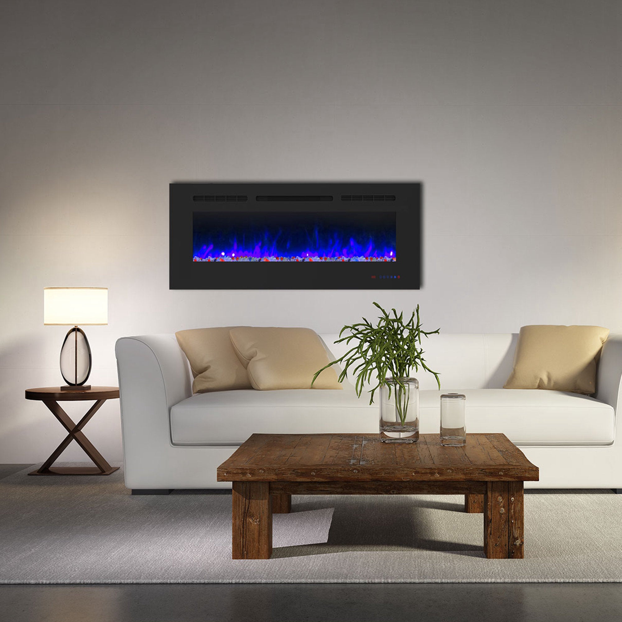 60" White Label electric fireplace supports recessed/wall mounting, with remote, touch screen, 13 flame colors, base lights