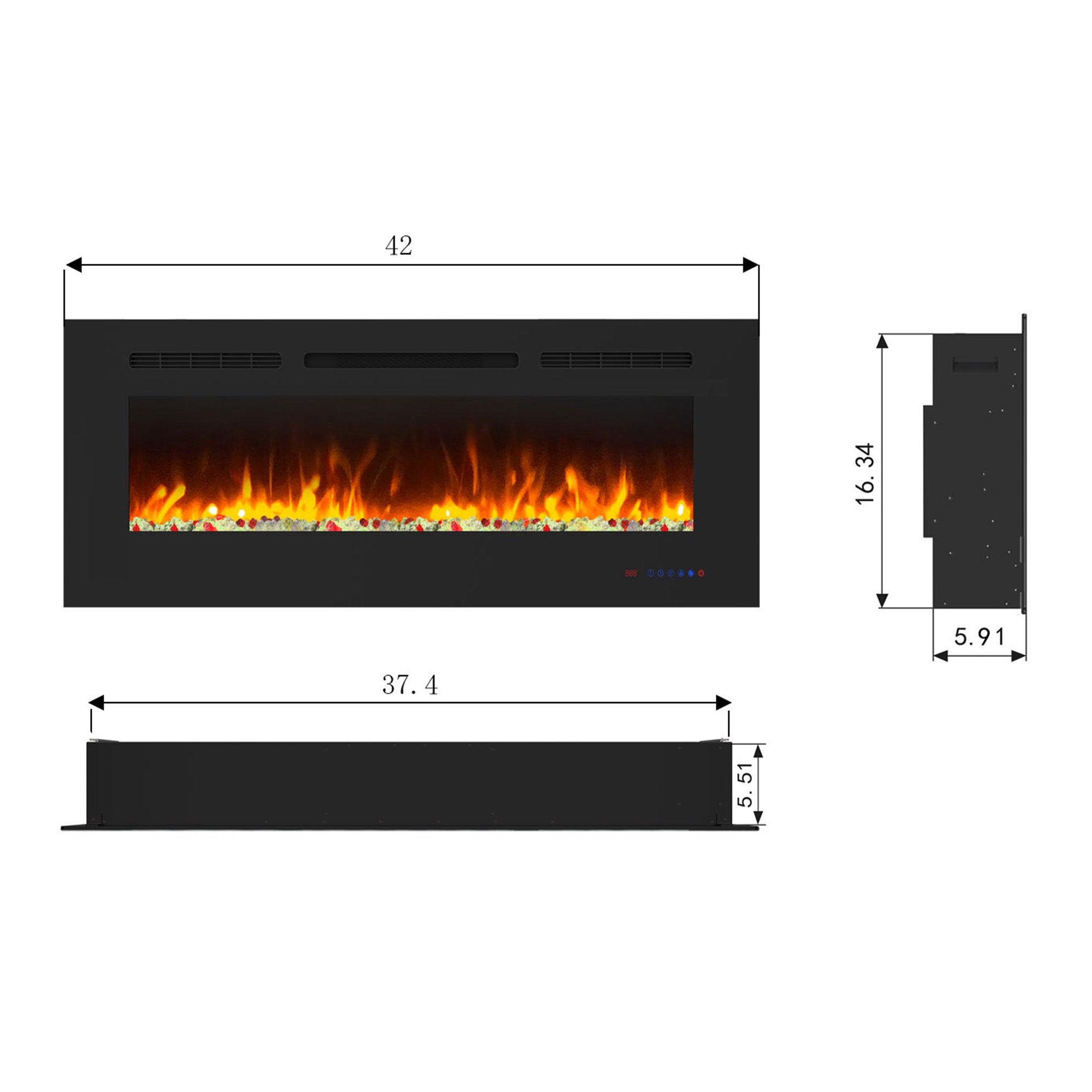 42" White Label electric fireplace supports recessed/wall mounting, with remote, touch screen, 13 flame colors, base lights