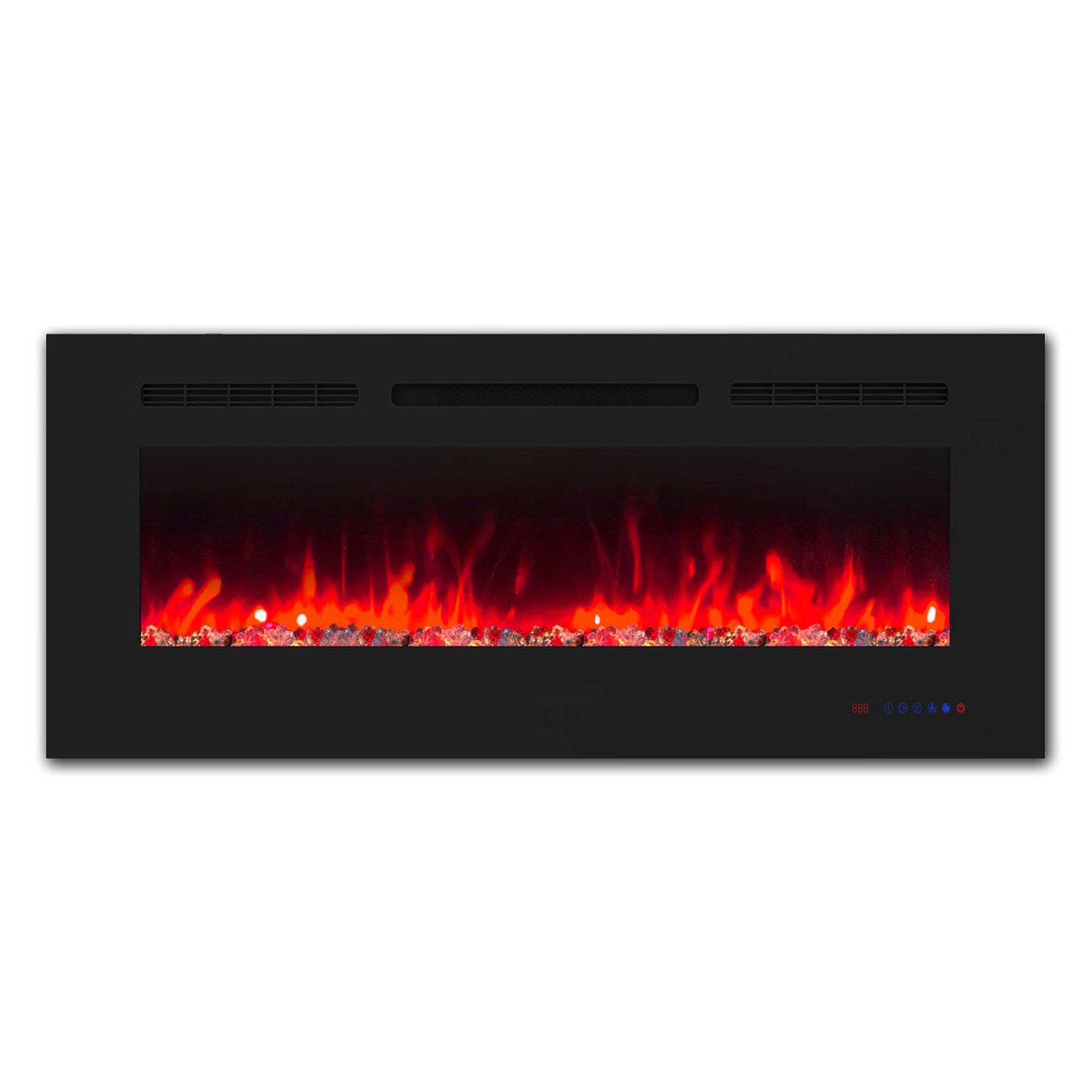 60" White Label electric fireplace supports recessed/wall mounting, with remote, touch screen, 13 flame colors, base lights