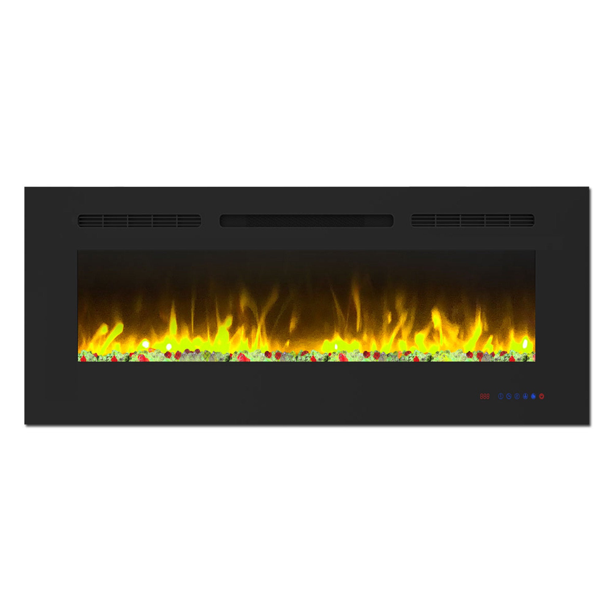 60" White Label electric fireplace supports recessed/wall mounting, with remote, touch screen, 13 flame colors, base lights