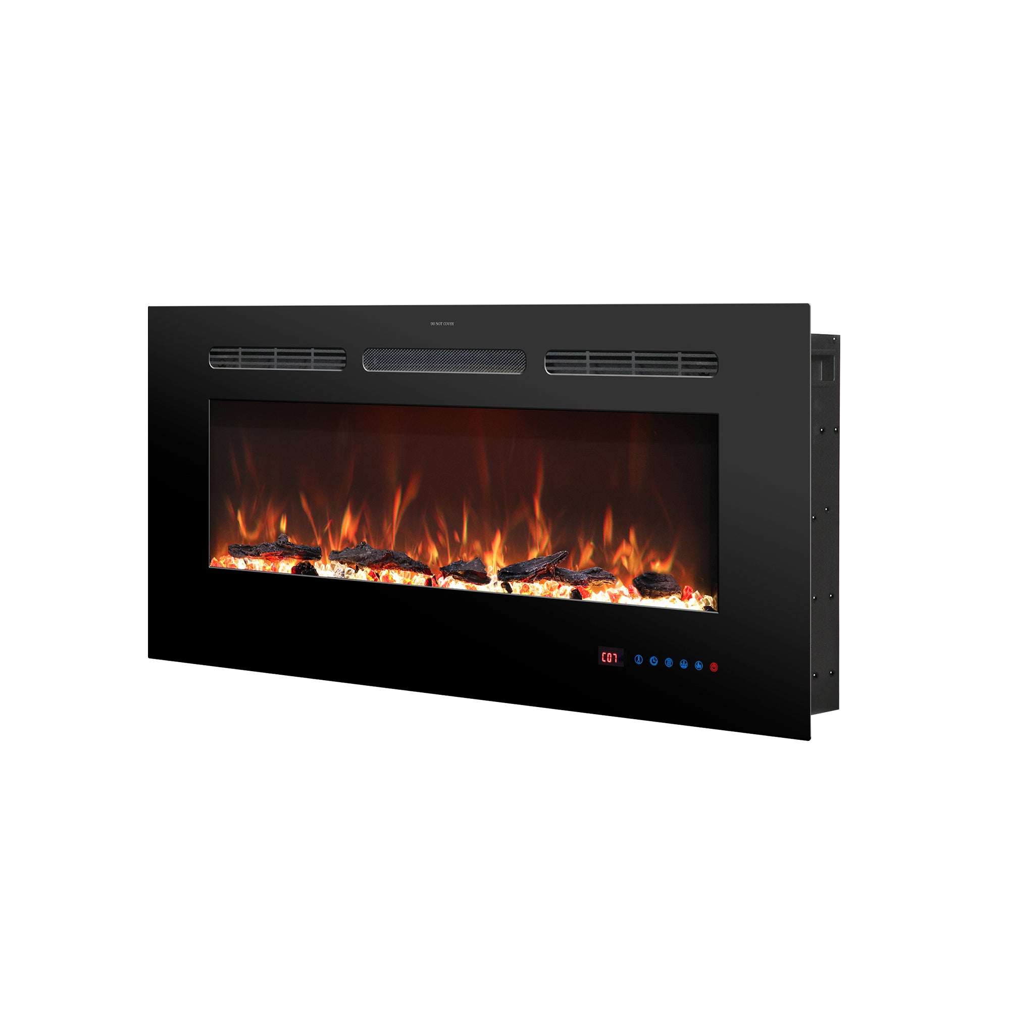 42" White Label electric fireplace supports recessed/wall mounting, with remote, touch screen, 13 flame colors, base lights