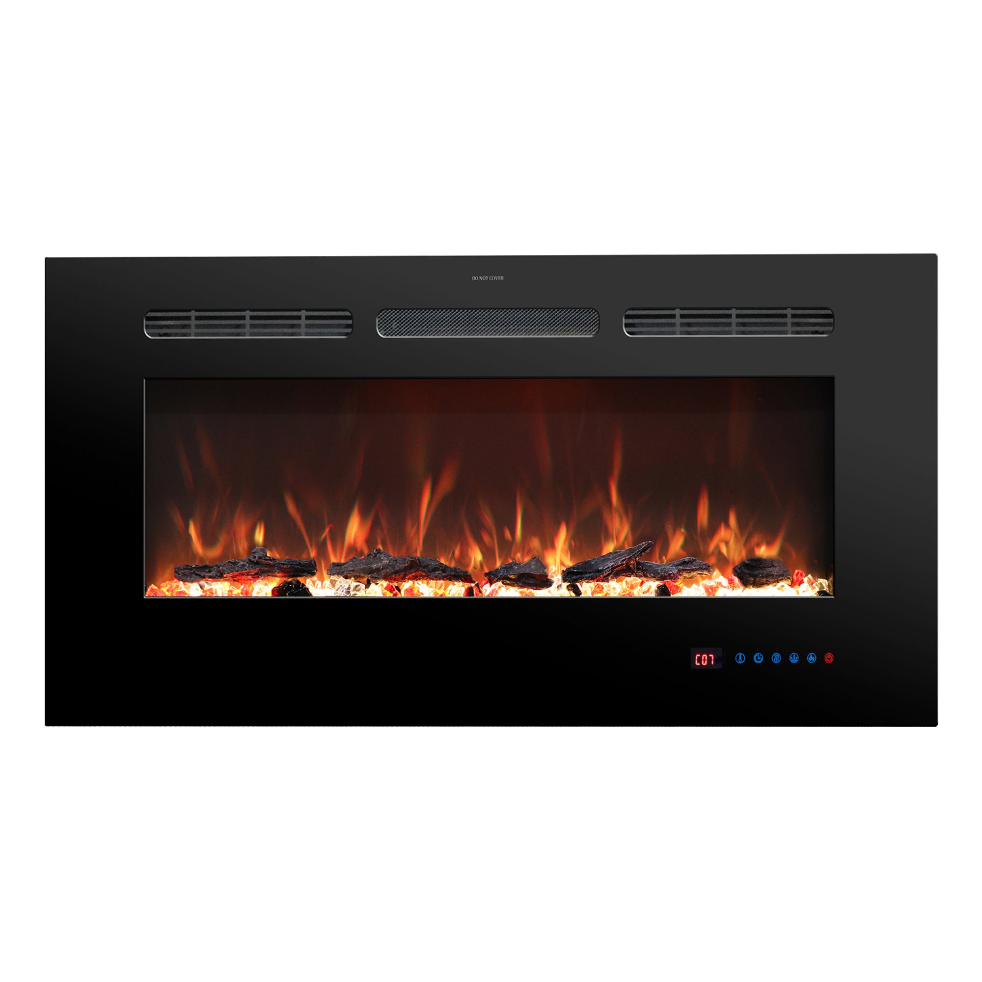 60" White Label electric fireplace supports recessed/wall mounting, with remote, touch screen, 13 flame colors, base lights