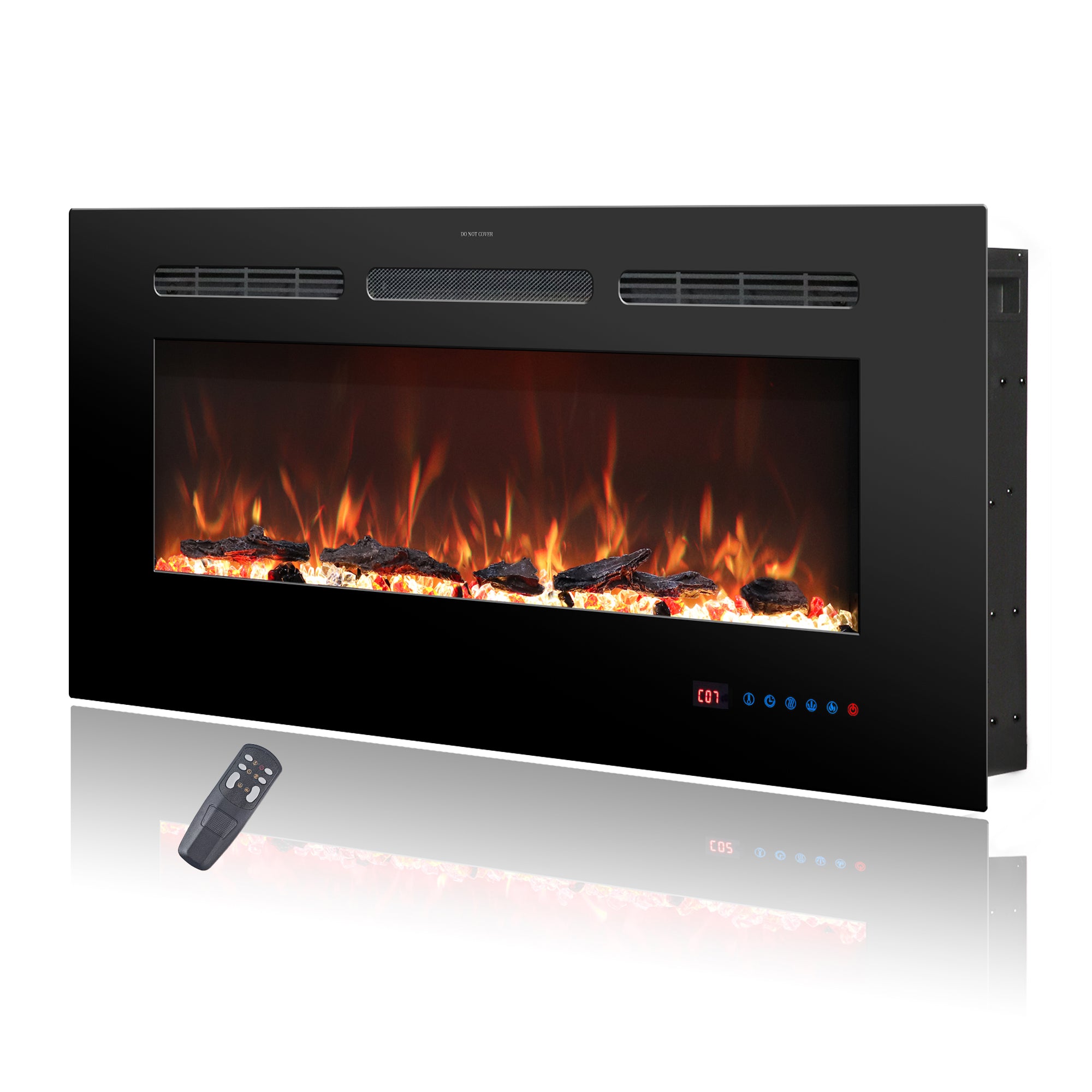 60" White Label electric fireplace supports recessed/wall mounting, with remote, touch screen, 13 flame colors, base lights