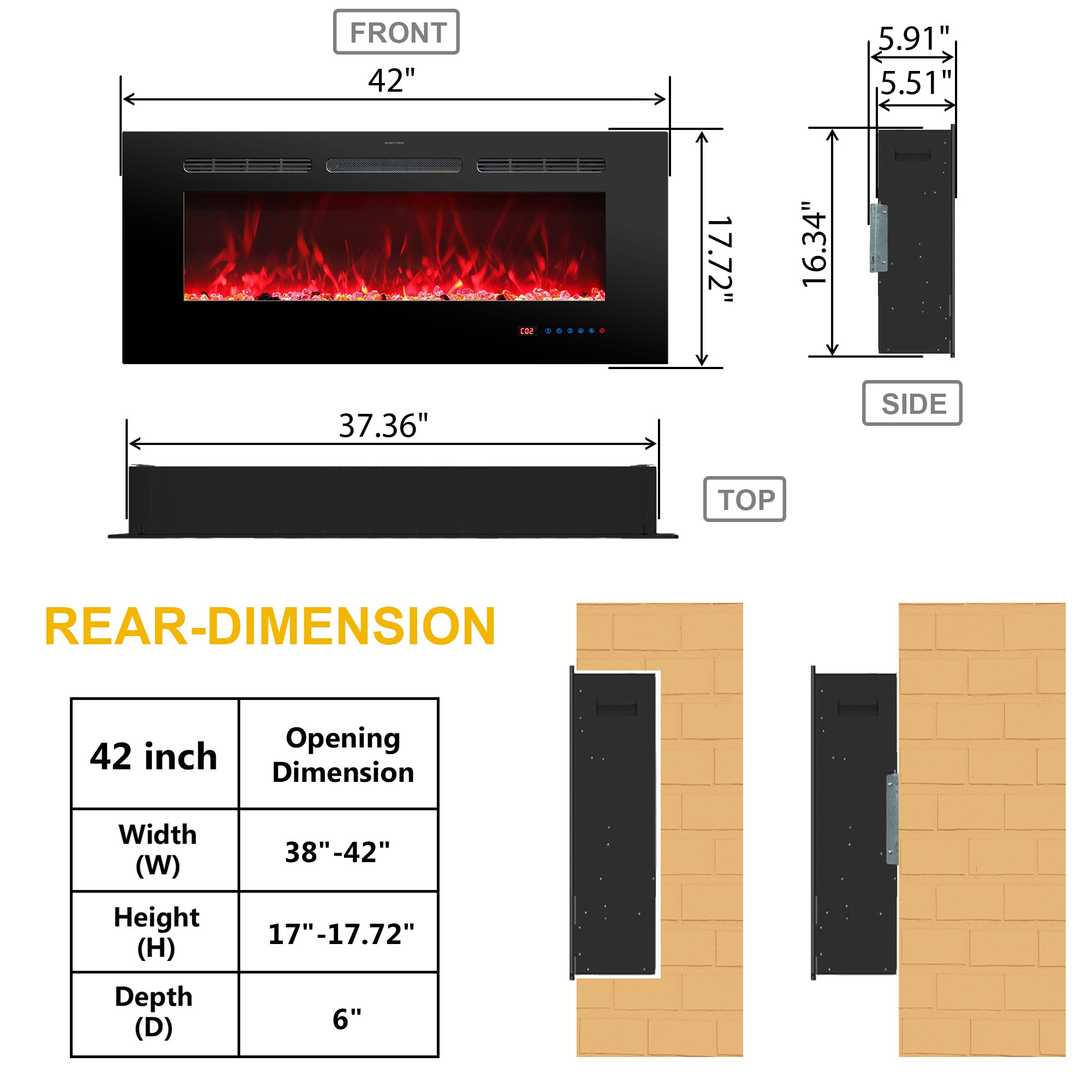 42" White Label electric fireplace supports recessed/wall mounting, with remote, touch screen, 13 flame colors, base lights