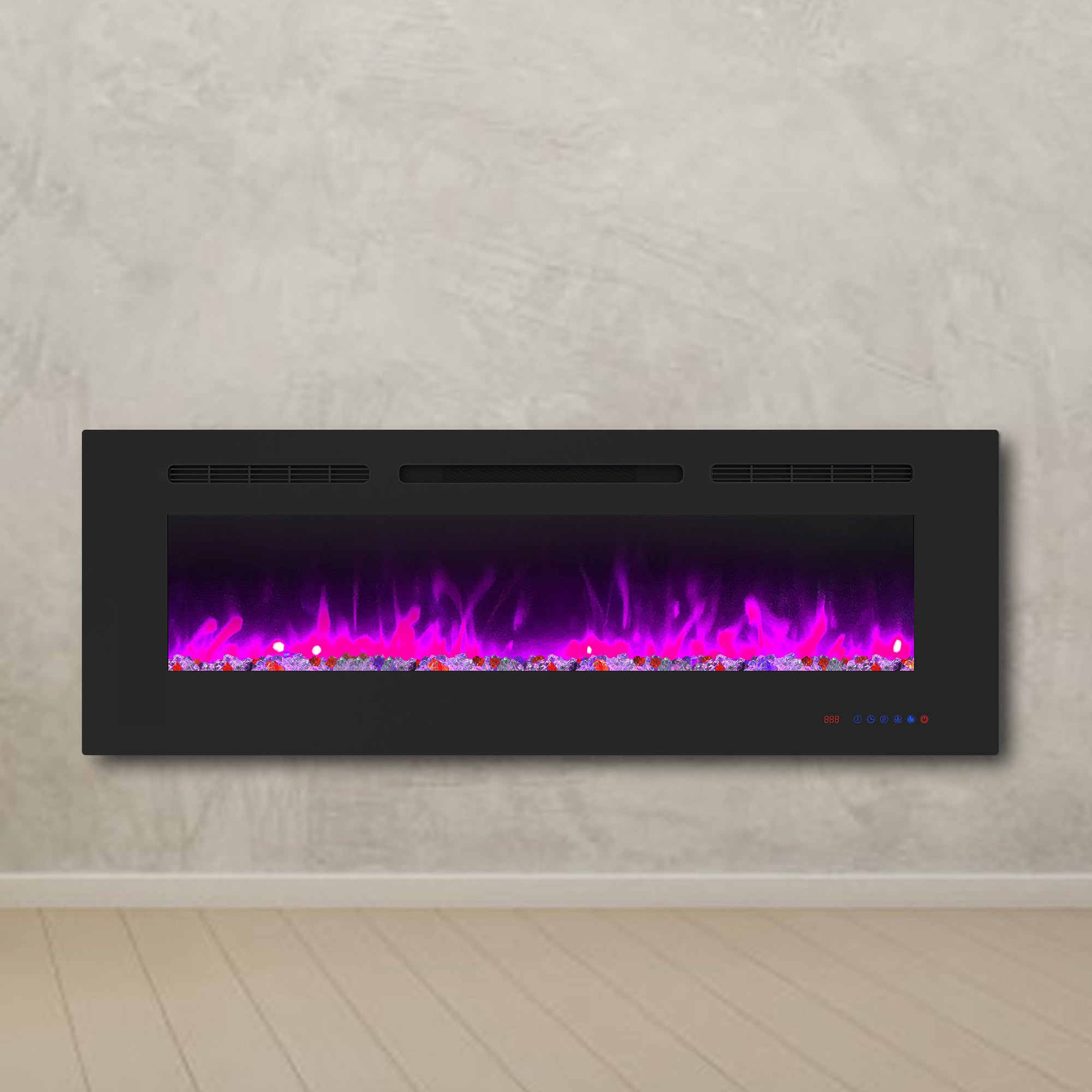 50" White Label electric fireplace supports recessed/wall mounting, with remote, touch screen, 13 flame colors, base lights