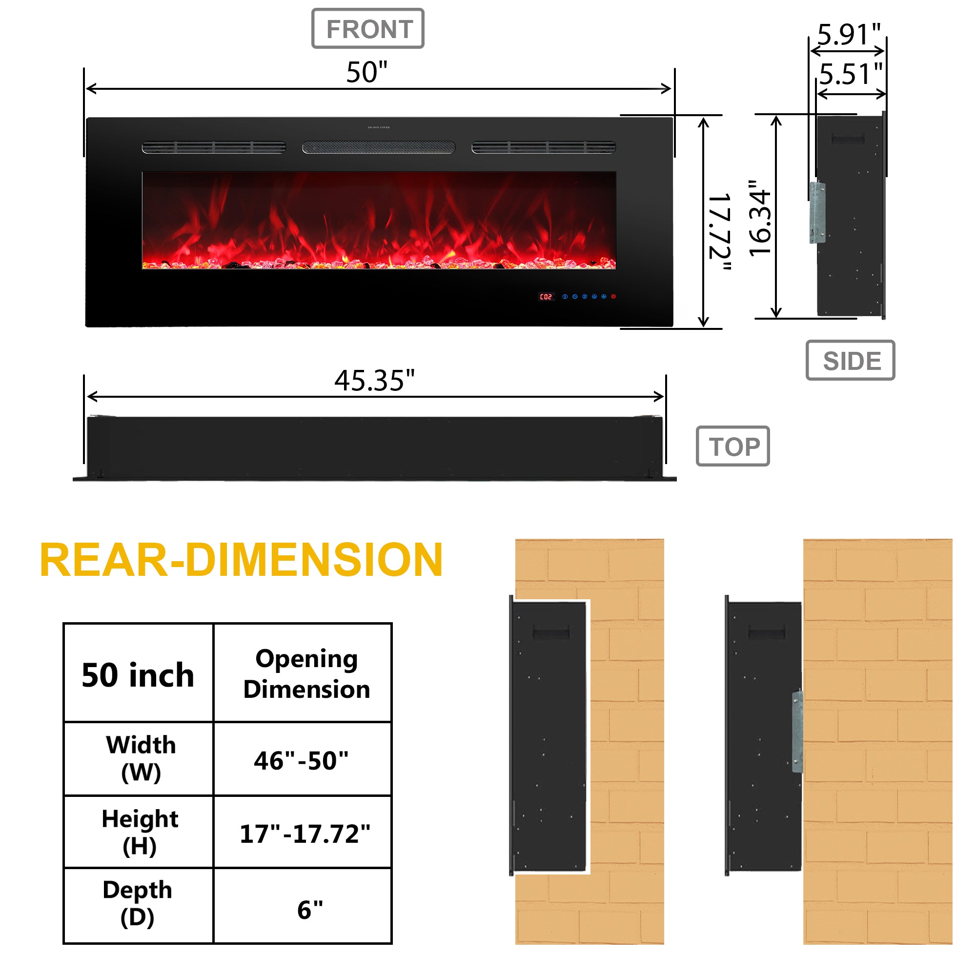 50" White Label electric fireplace supports recessed/wall mounting, with remote, touch screen, 13 flame colors, base lights