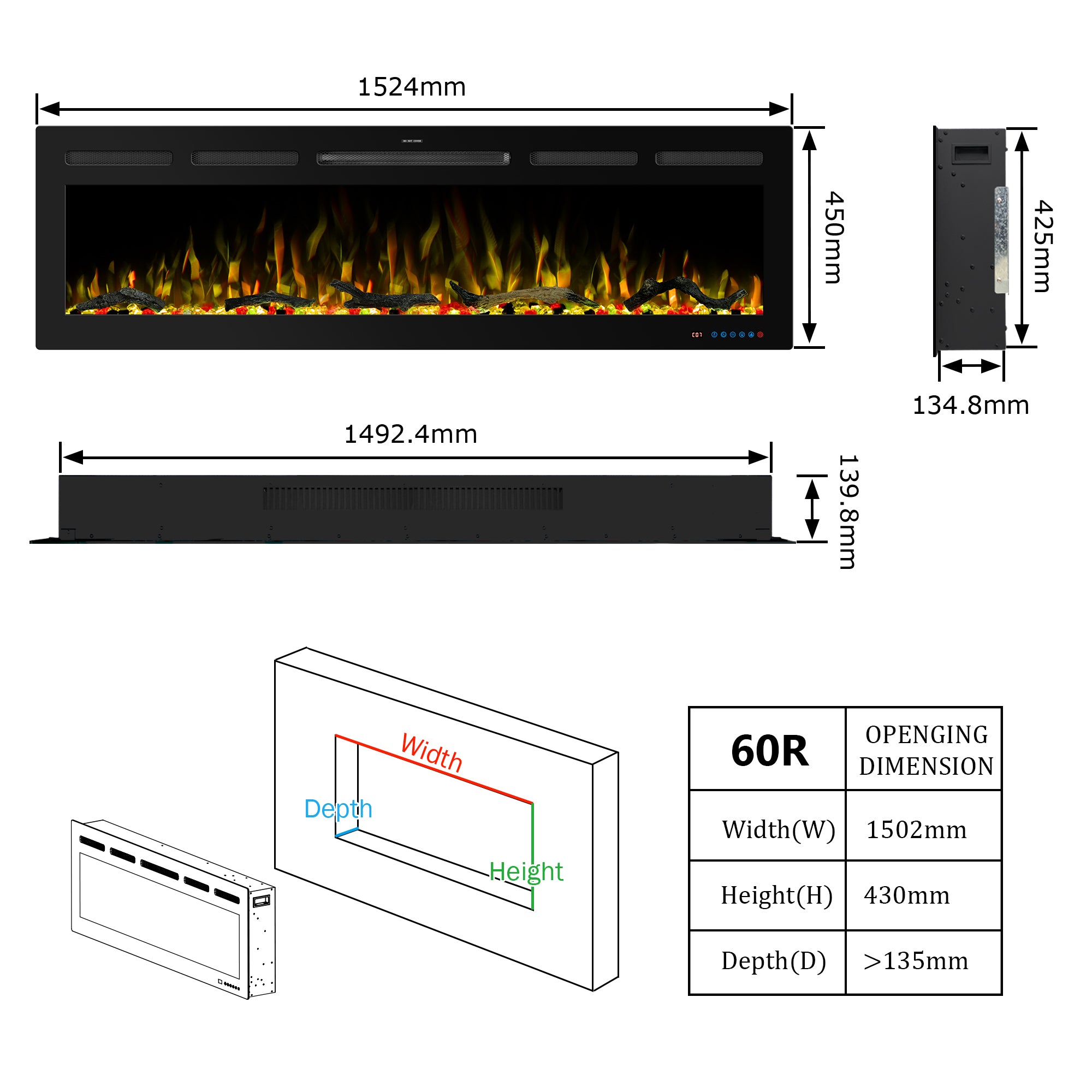 60" White LabelSmart Electric Fireplace with Inset & Wall-Mounted Installation - 13 Flame Colors, App/Remote/Voice Control (Alexa/Google Home)